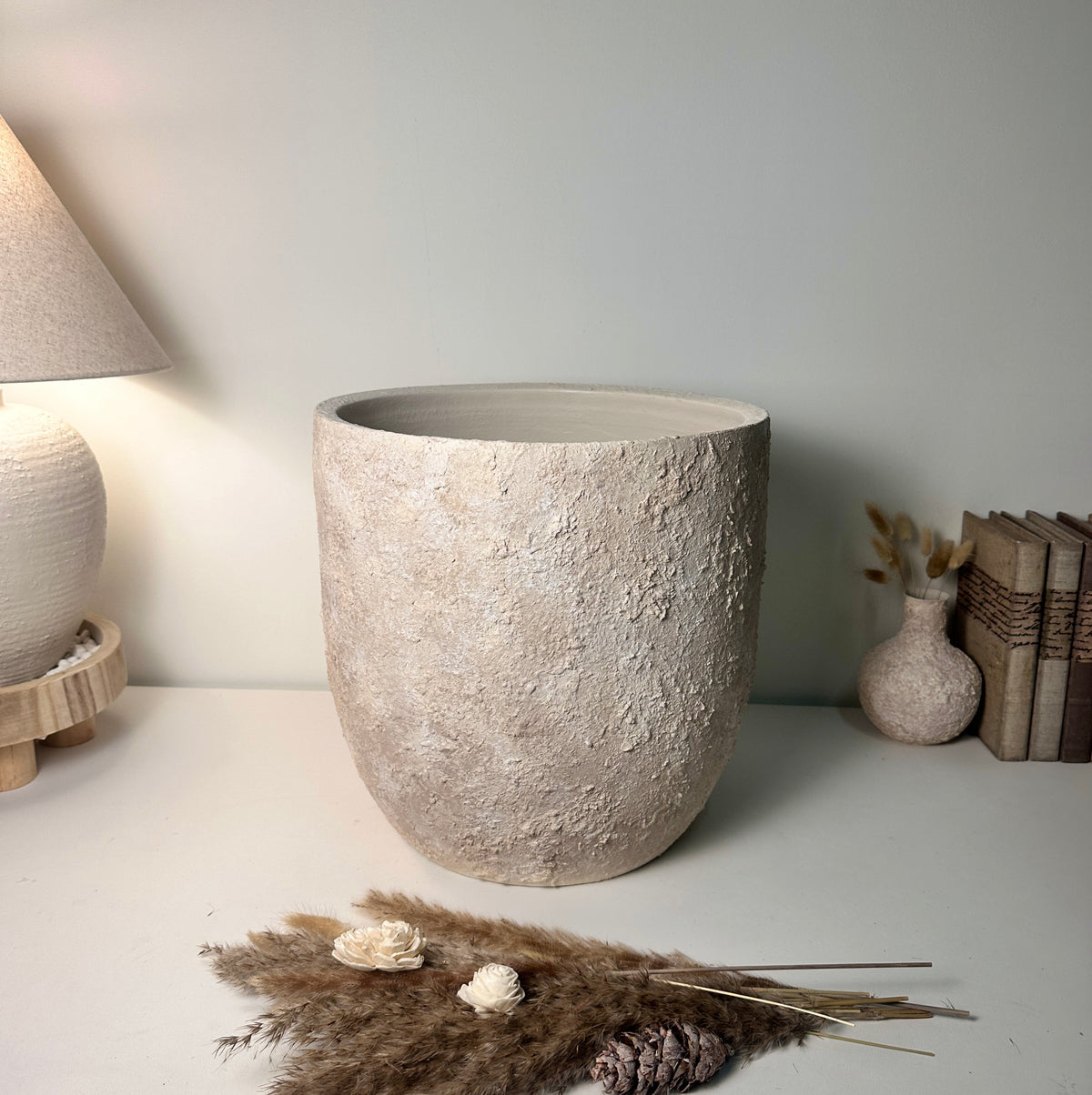 13.5" Minimalist Hand-Painted & Textured Planter Pot with Drainage Hole one time creation - Cream Wash (A)