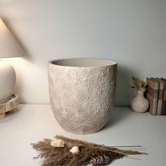 13.5" Minimalist Hand-Painted & Textured Planter Pot with Drainage Hole one time creation - Cream Wash (A)