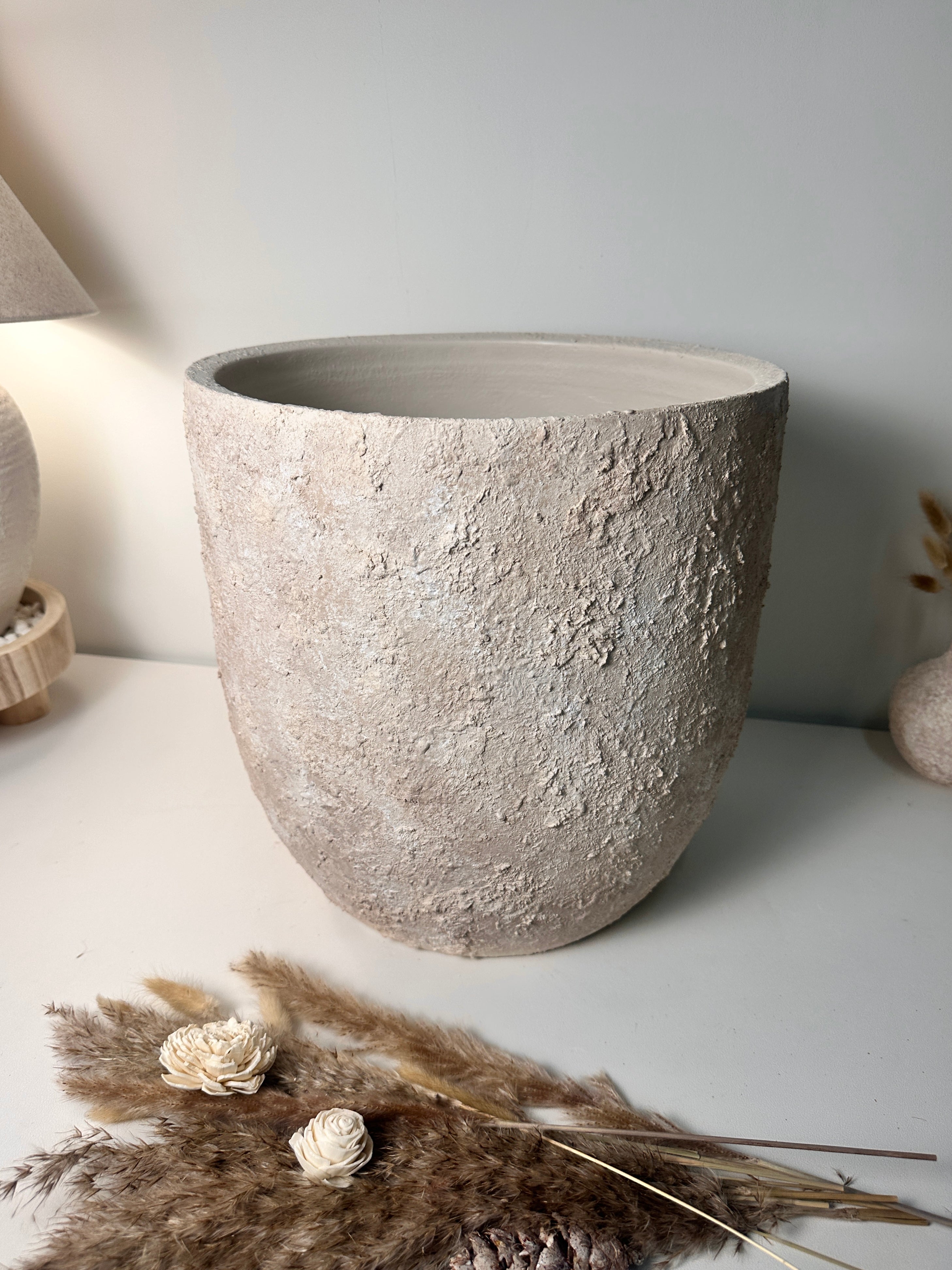 13.5" Minimalist Hand-Painted & Textured Planter Pot with Drainage Hole one time creation - Cream Wash (A)