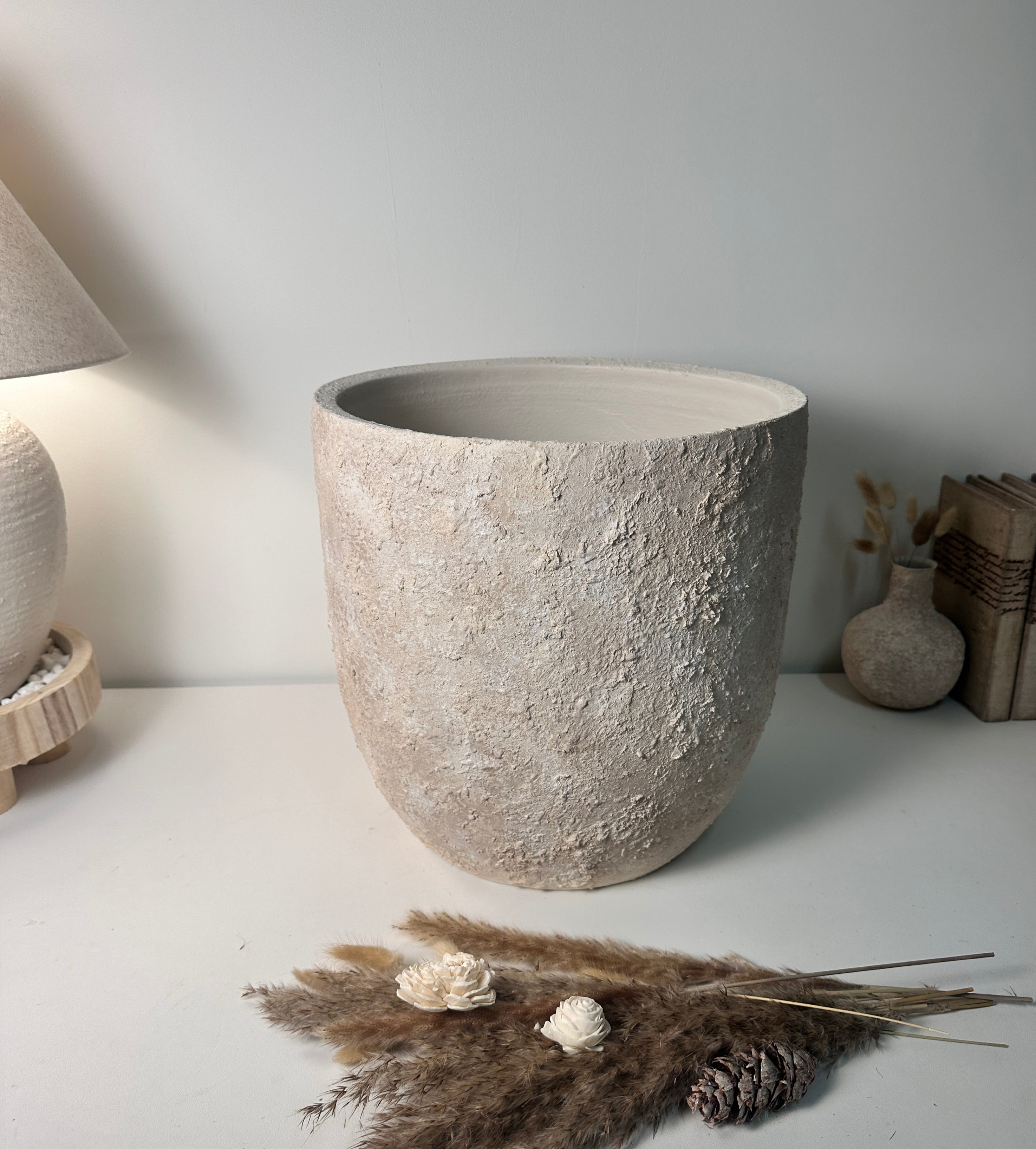 13.5" Minimalist Hand-Painted & Textured Planter Pot with Drainage Hole one time creation - Cream Wash (A)