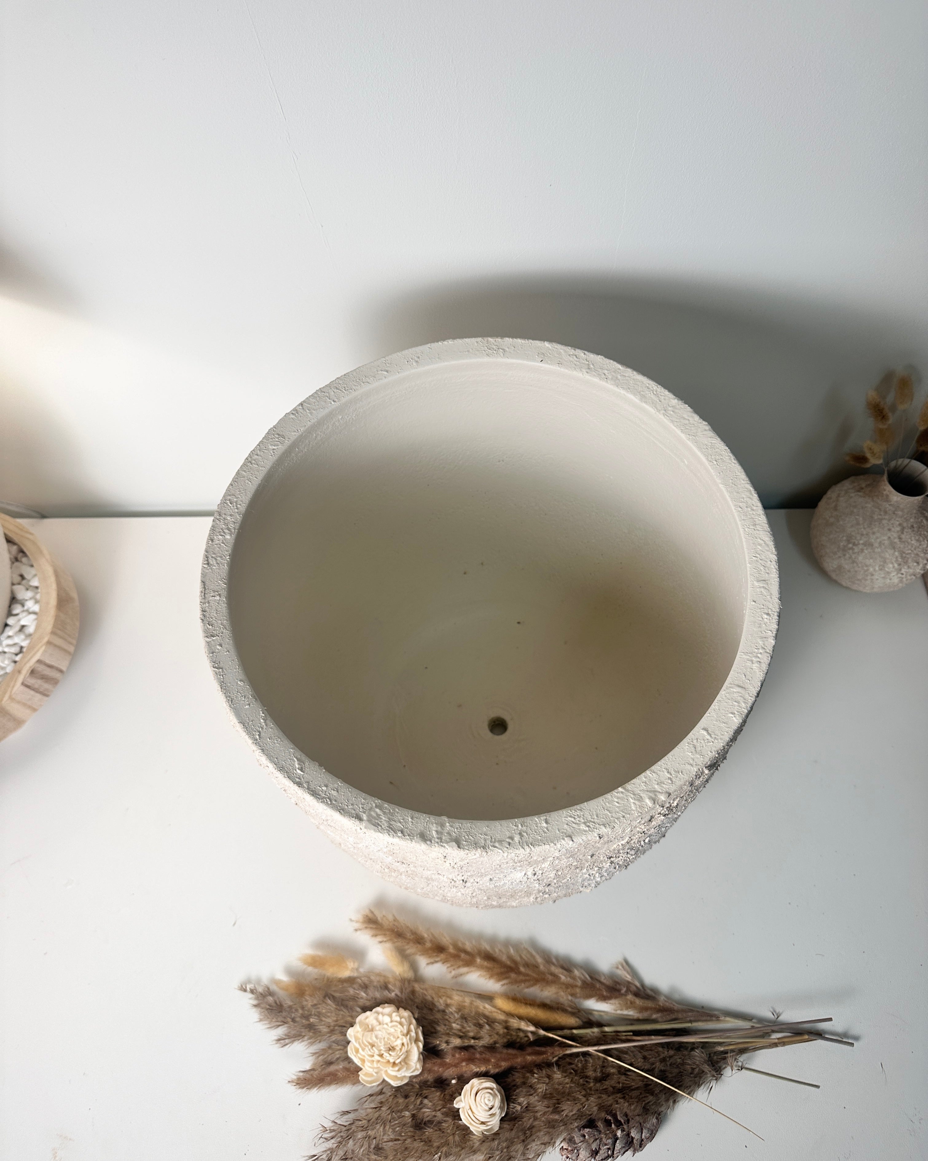 13.5" Minimalist Hand-Painted & Textured Planter Pot with Drainage Hole one time creation - Cream Wash (A)