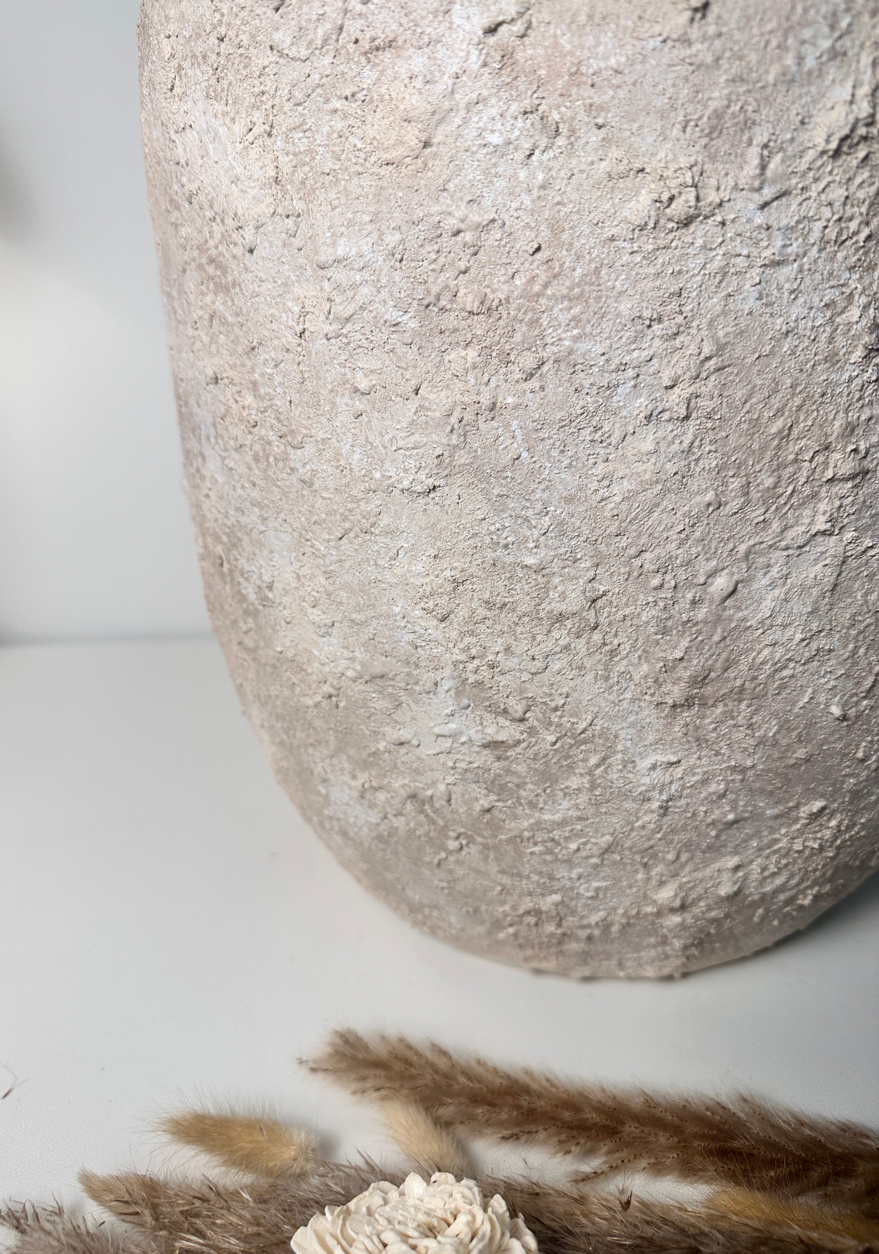 13.5" Minimalist Hand-Painted & Textured Planter Pot with Drainage Hole one time creation - Cream Wash (A)