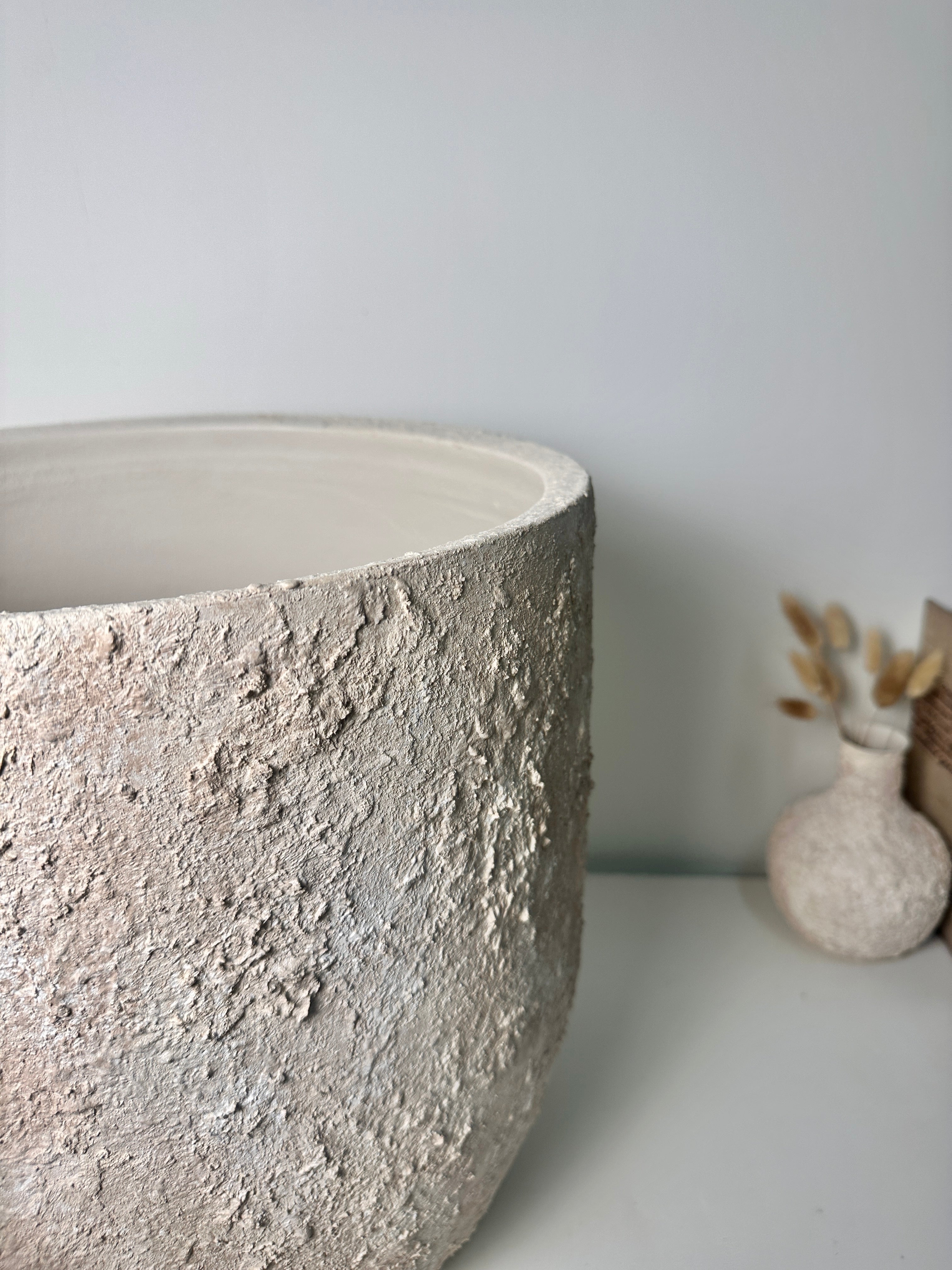 13.5" Minimalist Hand-Painted & Textured Planter Pot with Drainage Hole one time creation - Cream Wash (A)