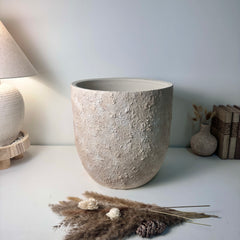 13.5" Minimalist Hand-Painted & Textured Planter Pot with Drainage Hole one time creation - Cream Wash (A)