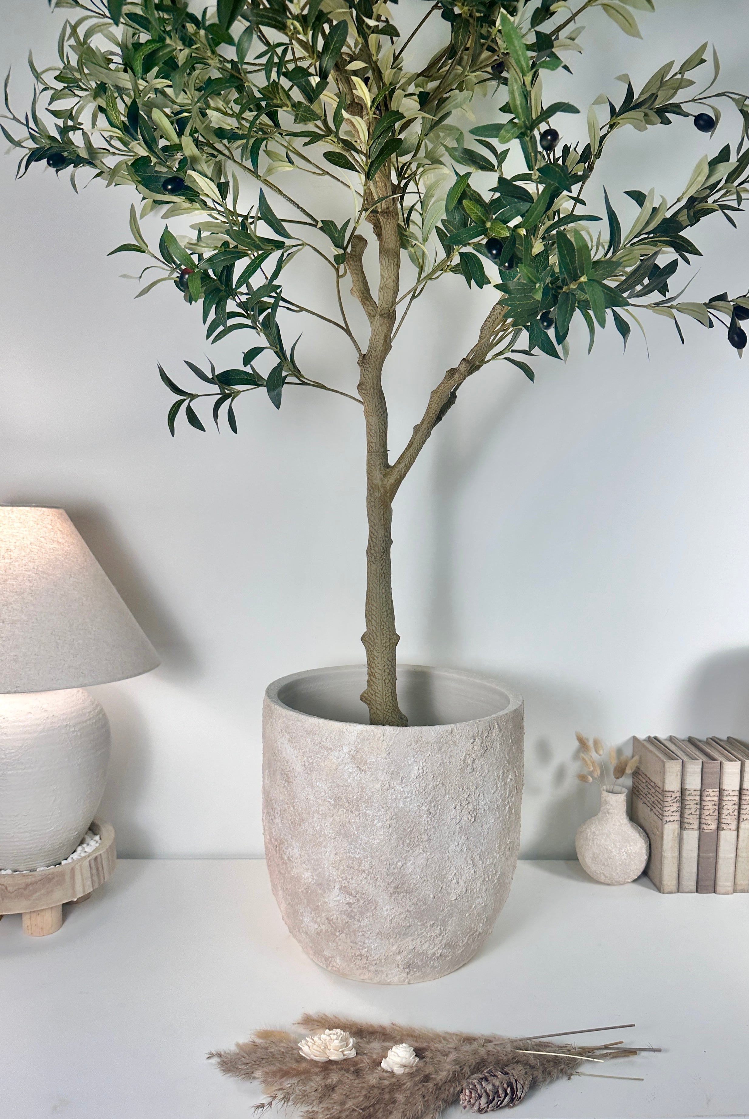 13.5" Minimalist Hand-Painted & Textured Planter Pot with Drainage Hole one time creation - Cream Wash (A)
