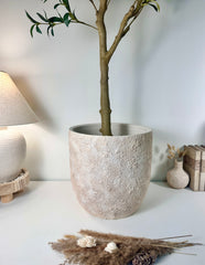 13.5" Minimalist Hand-Painted & Textured Planter Pot with Drainage Hole one time creation - Cream Wash (A)