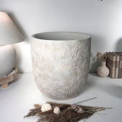 Minimalist Hand-Painted & Textured Planter Pot 17" tall with drainage hole one time creation - cream wash