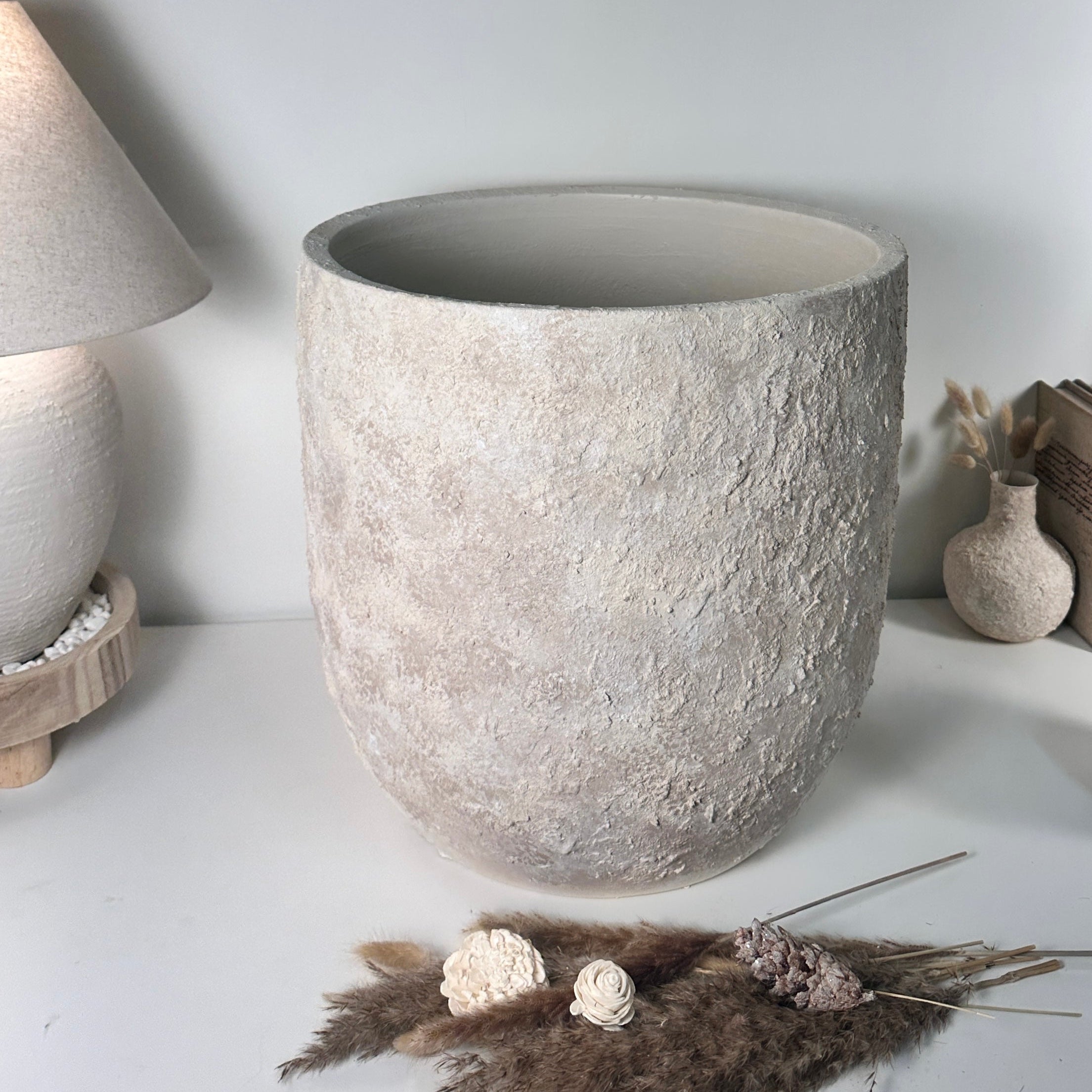 Minimalist Hand-Painted & Textured Planter Pot 17" tall with drainage hole one time creation - cream wash