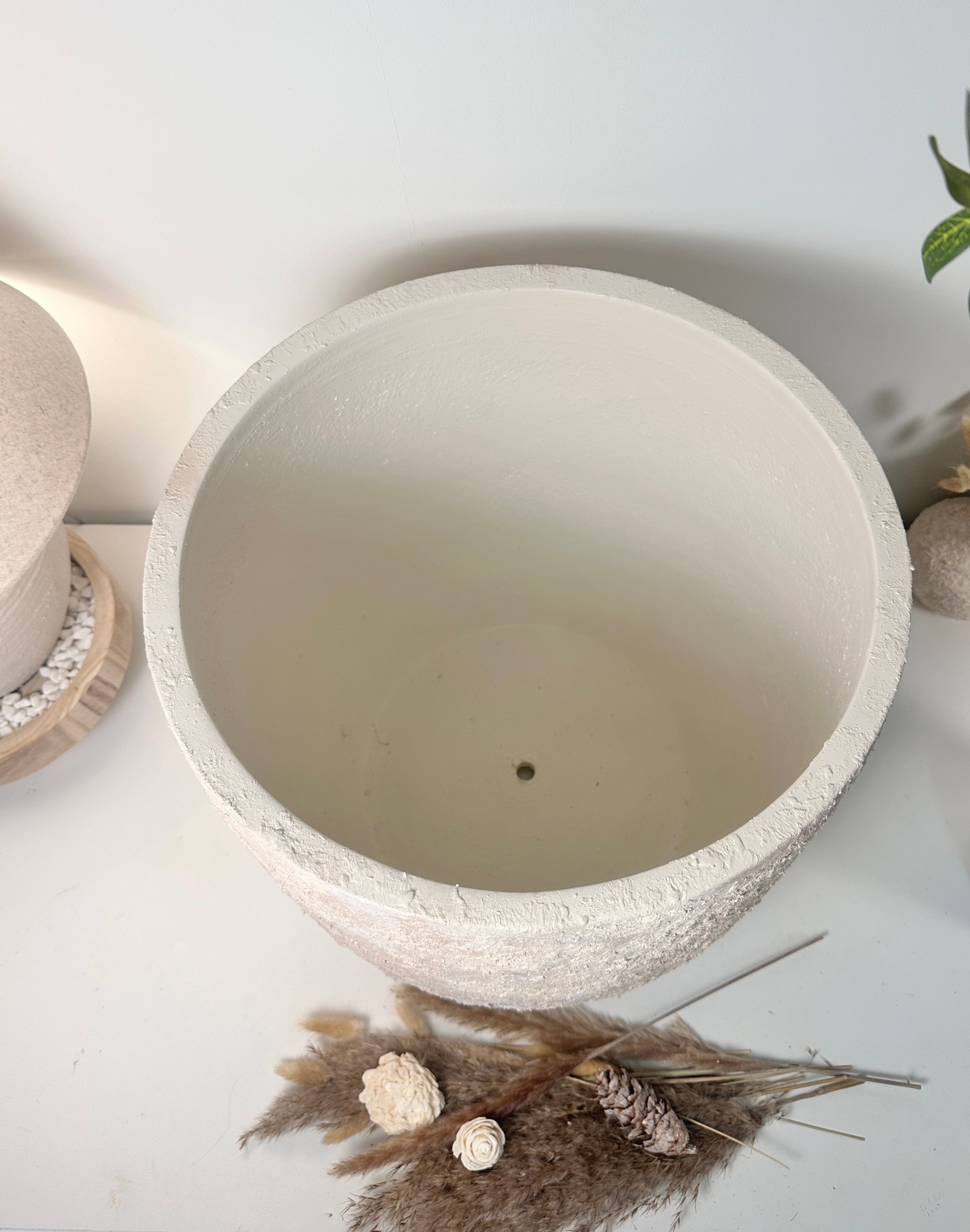 Minimalist Hand-Painted & Textured Planter Pot 17" tall with drainage hole one time creation - cream wash