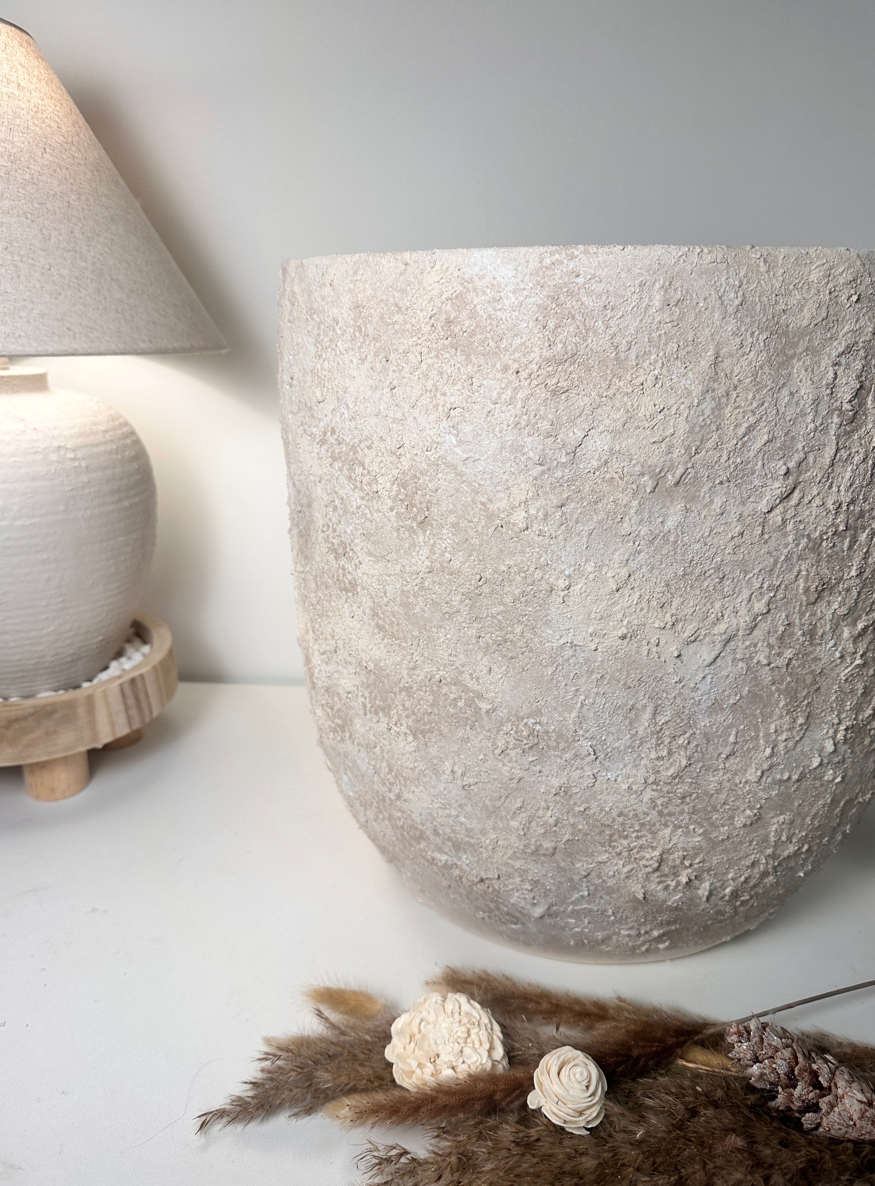 Minimalist Hand-Painted & Textured Planter Pot 17" tall with drainage hole one time creation - cream wash
