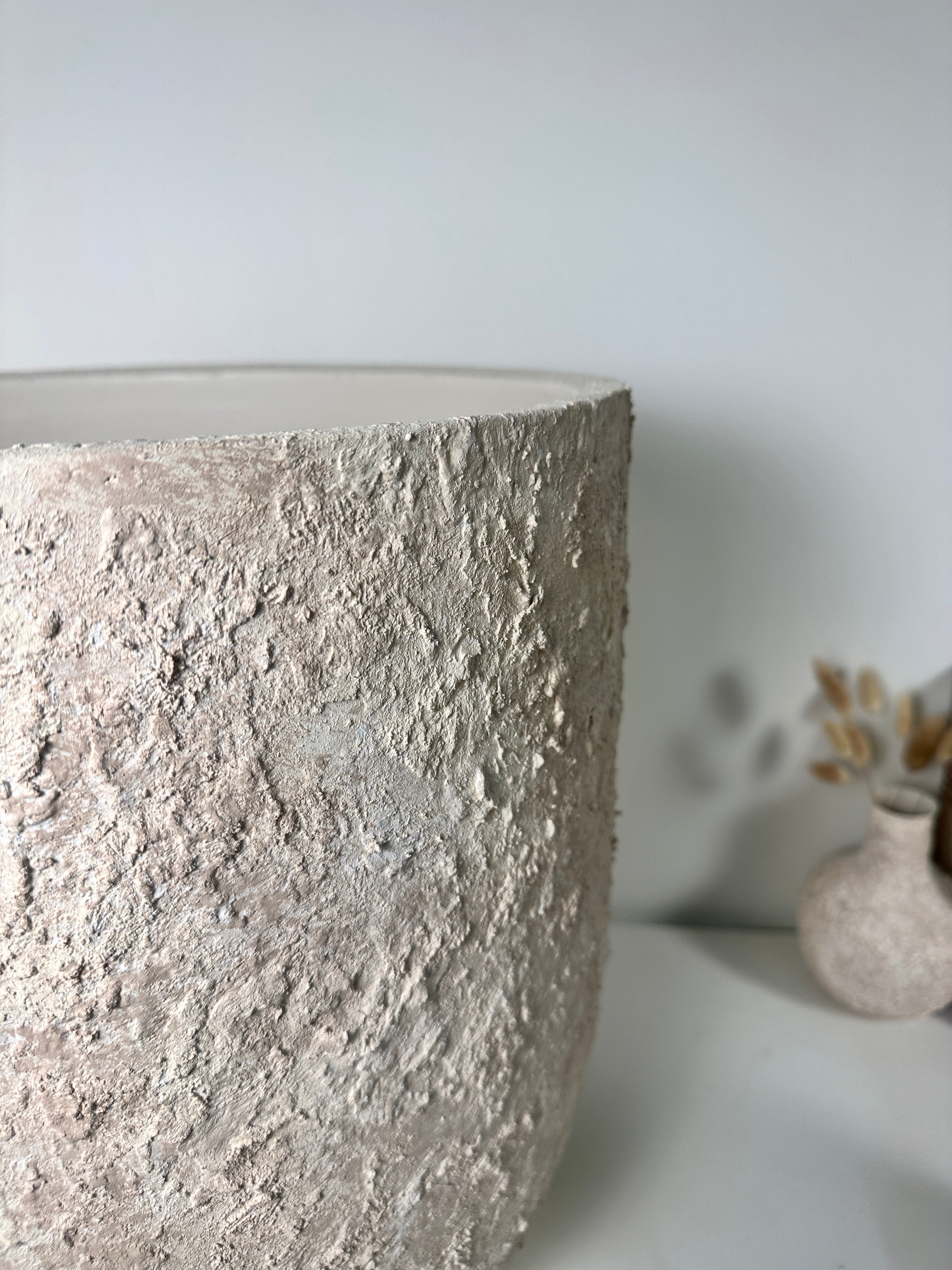 Minimalist Hand-Painted & Textured Planter Pot 17" tall with drainage hole one time creation - cream wash