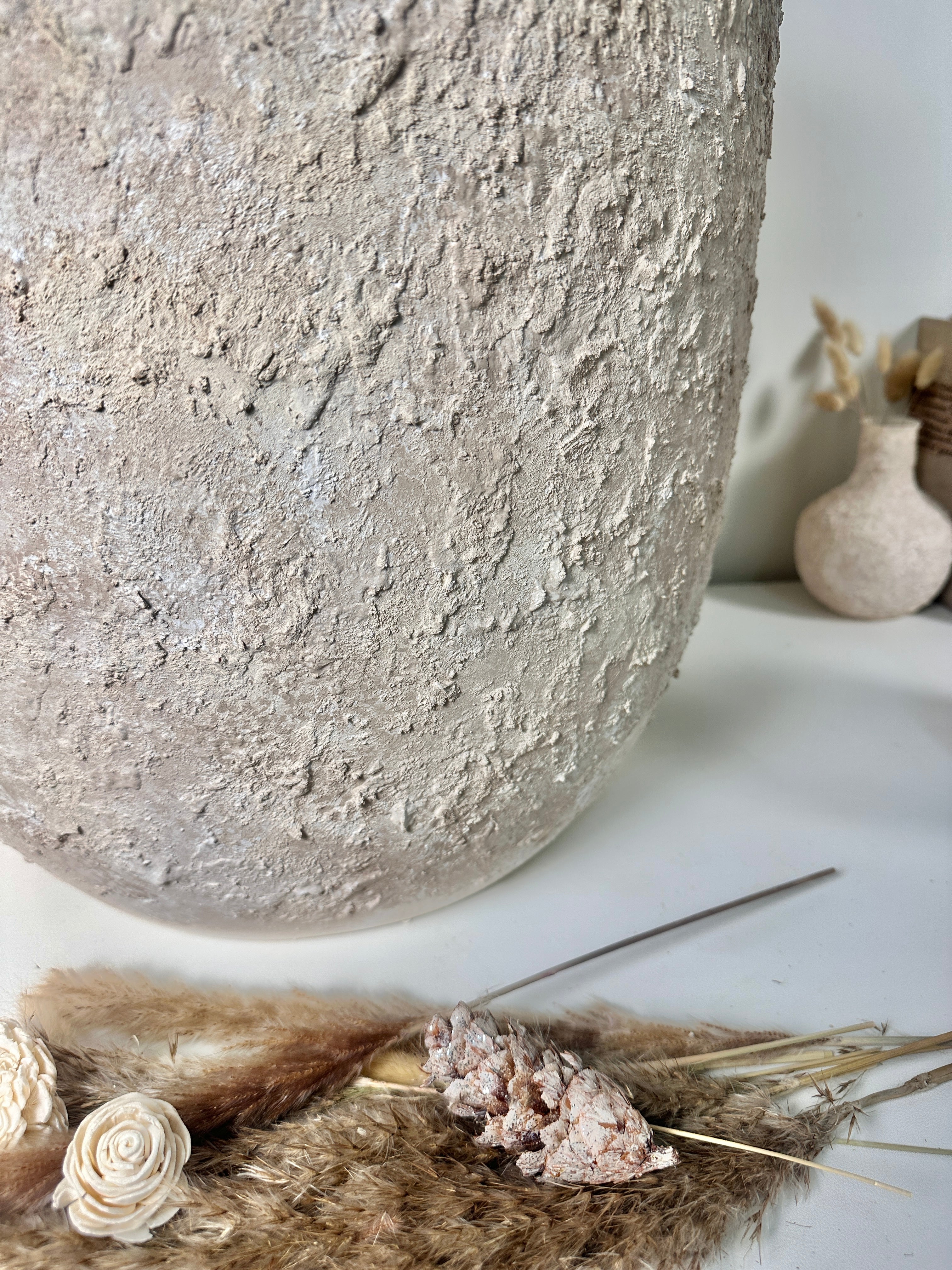 Minimalist Hand-Painted & Textured Planter Pot 17" tall with drainage hole one time creation - cream wash