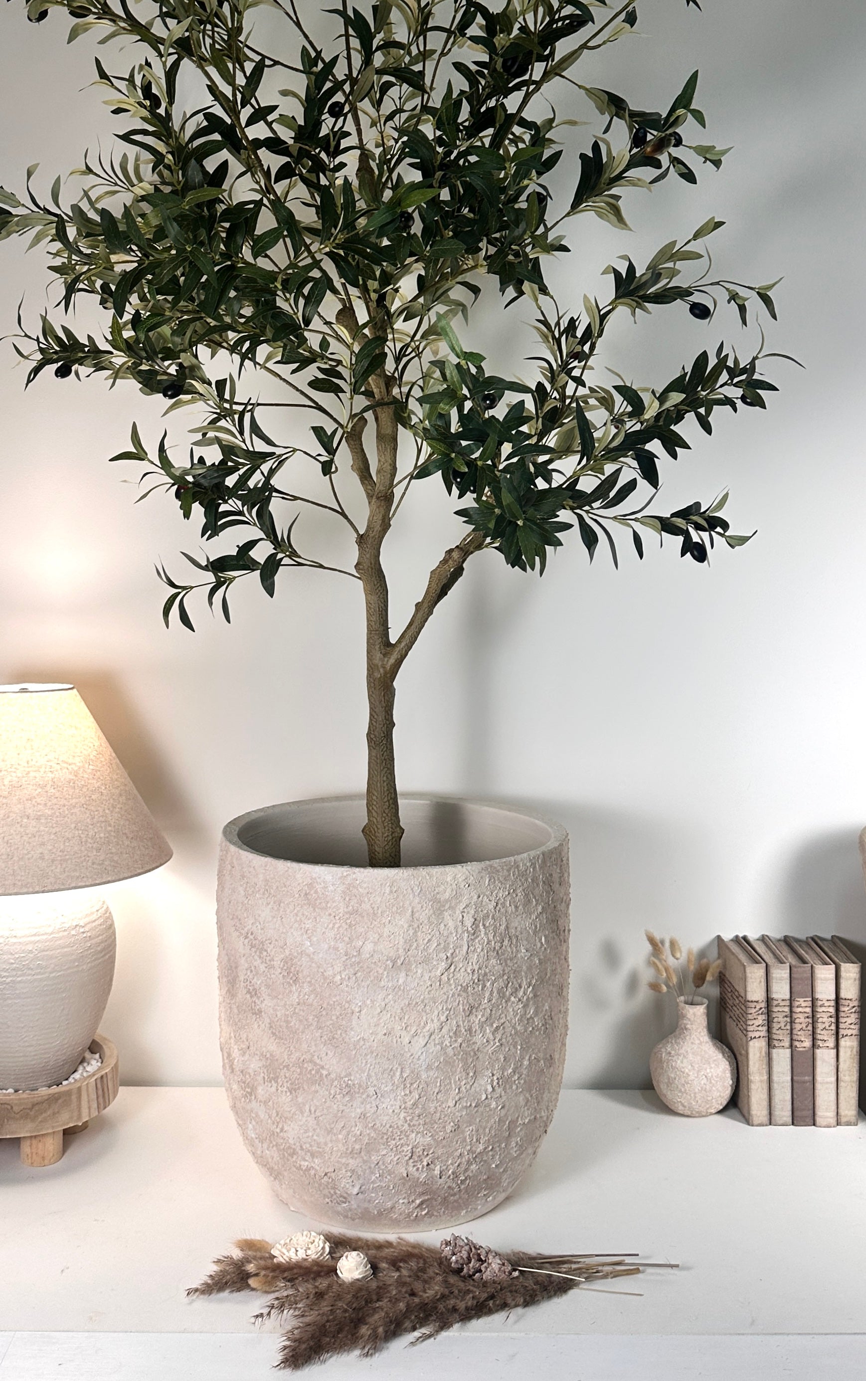 Minimalist Hand-Painted & Textured Planter Pot 17" tall with drainage hole one time creation - cream wash