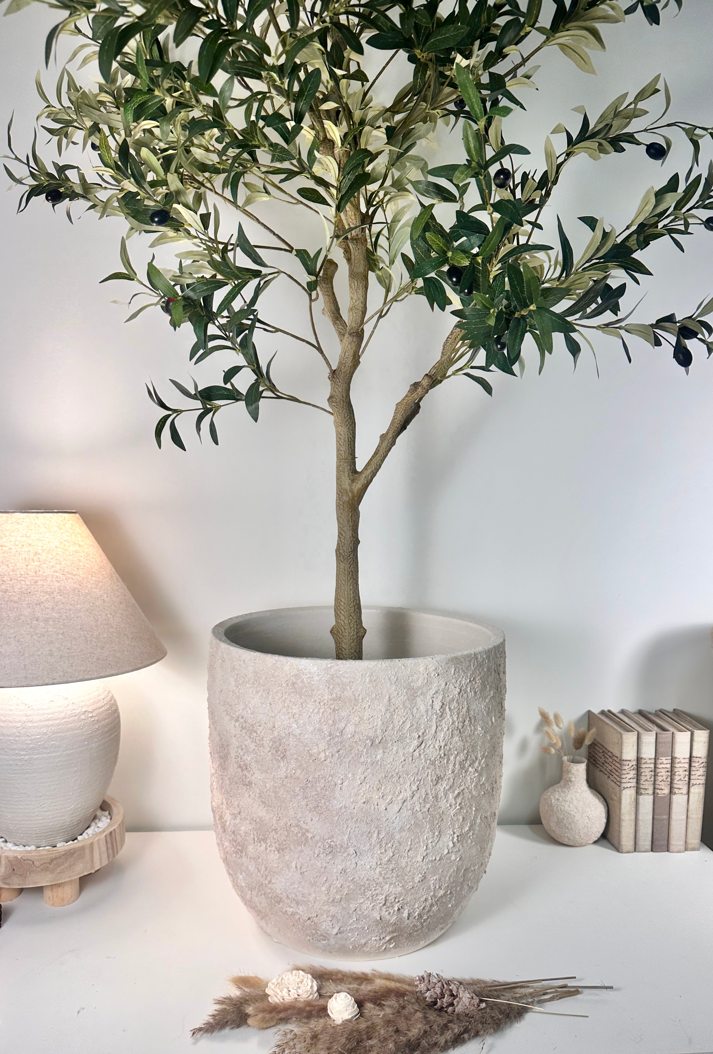 Minimalist Hand-Painted & Textured Planter Pot 17" tall with drainage hole one time creation - cream wash