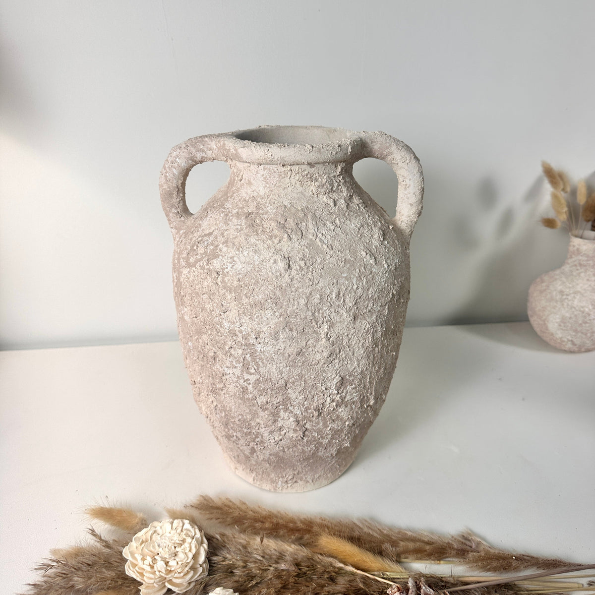 Minimalist Textured Hand-painted Ceramic Decorative Roman Style Vase 12"  - Cream wash