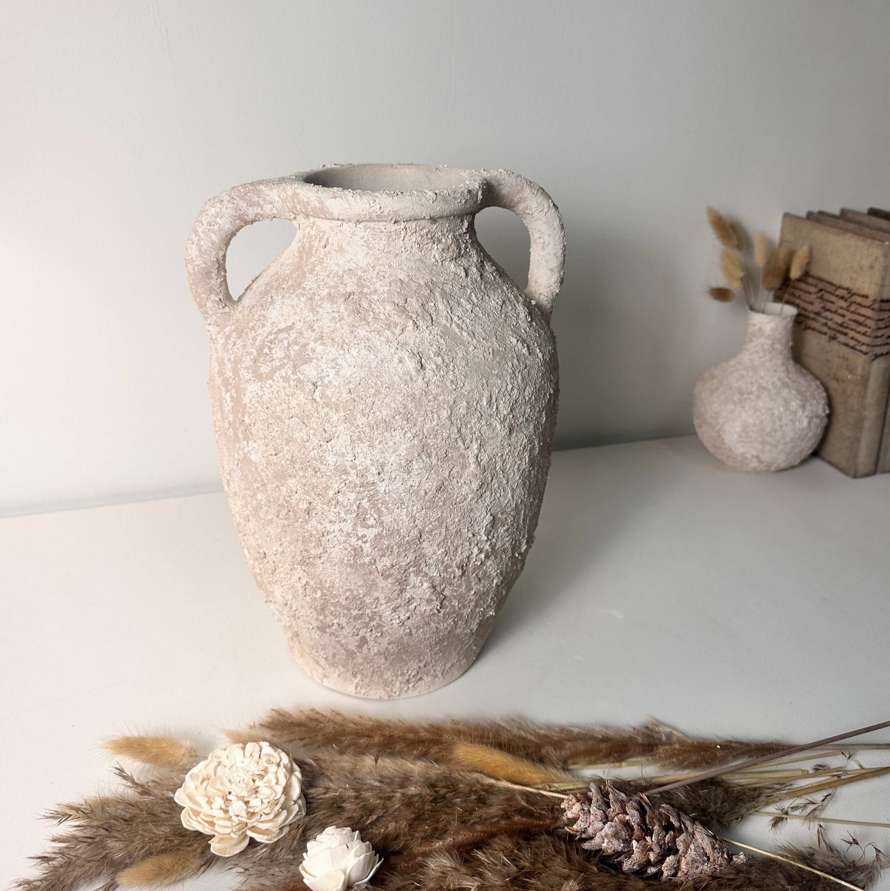Minimalist Textured Hand-painted Ceramic Decorative Roman Style Vase 12"  - Cream wash