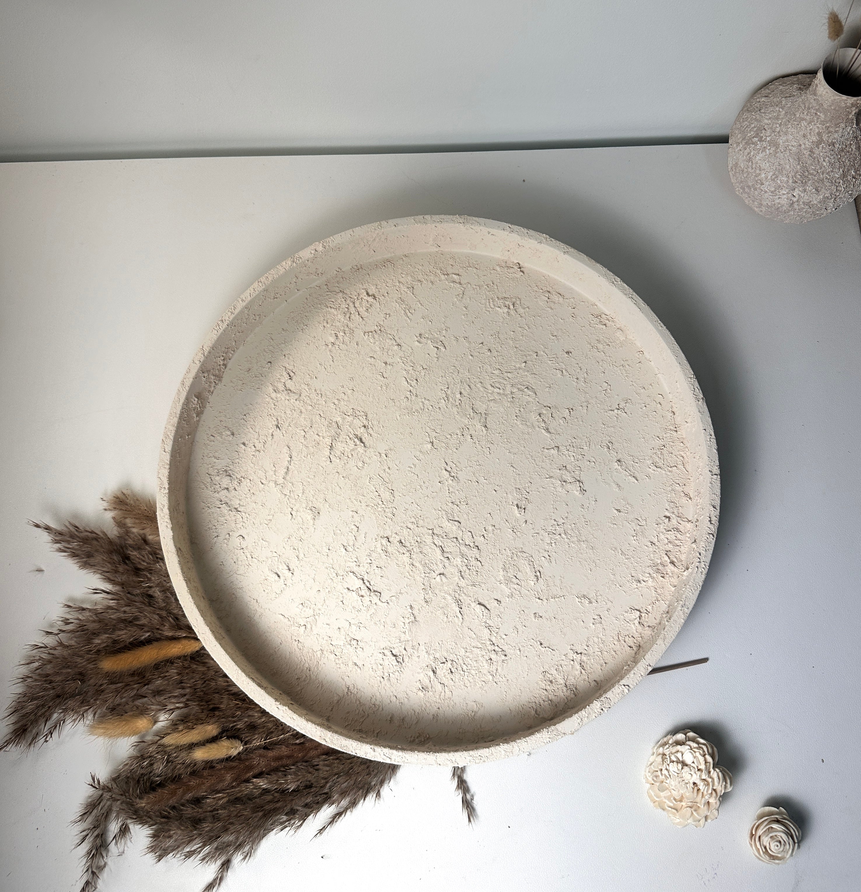 Minimalist Hand-Painted and Textured Round Wood Tray 16x16x2" - Cream