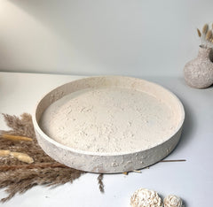 Minimalist Hand-Painted and Textured Round Wood Tray 16x16x2" - Cream