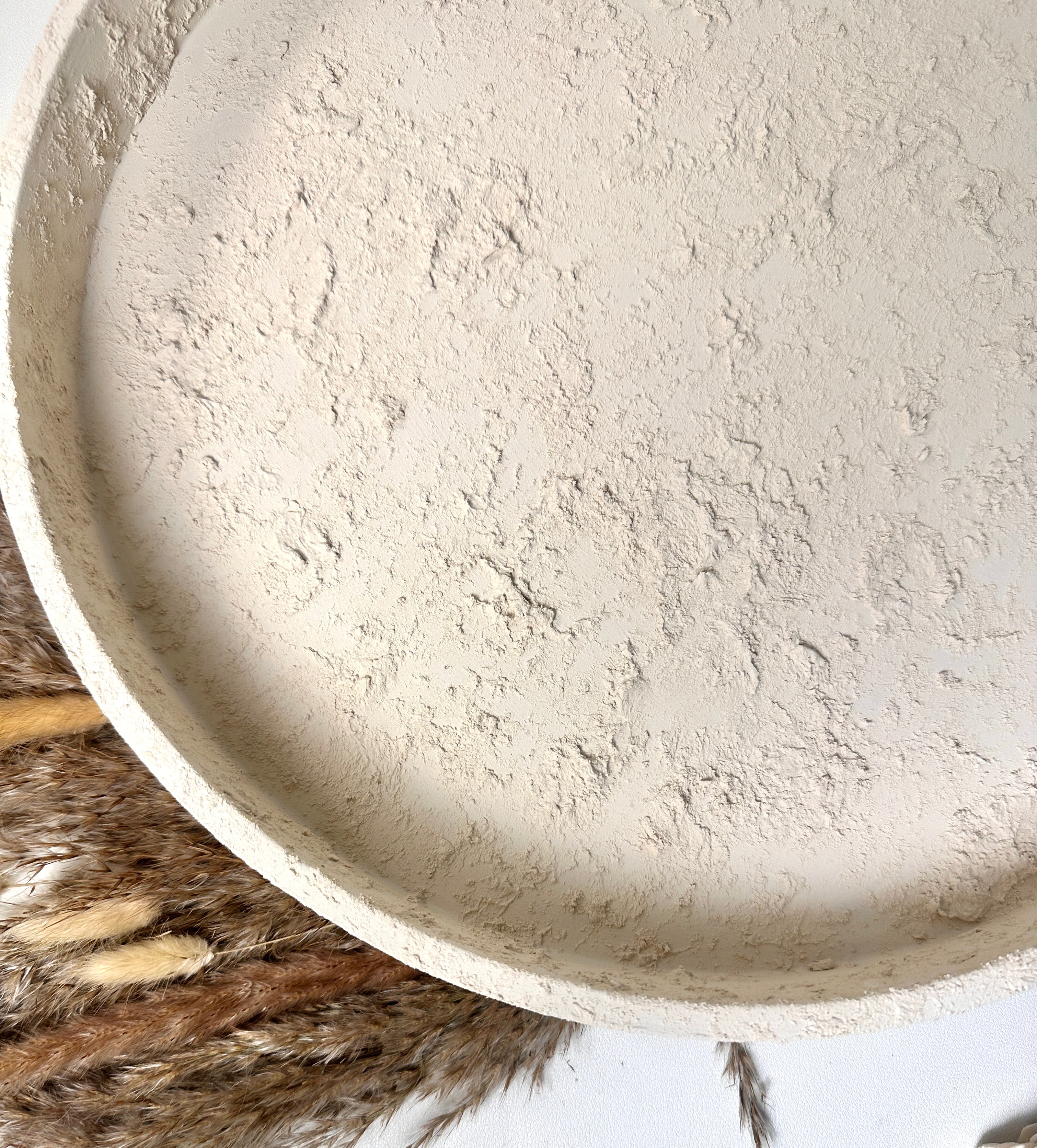 Minimalist Hand-Painted and Textured Round Wood Tray 16x16x2" - Cream