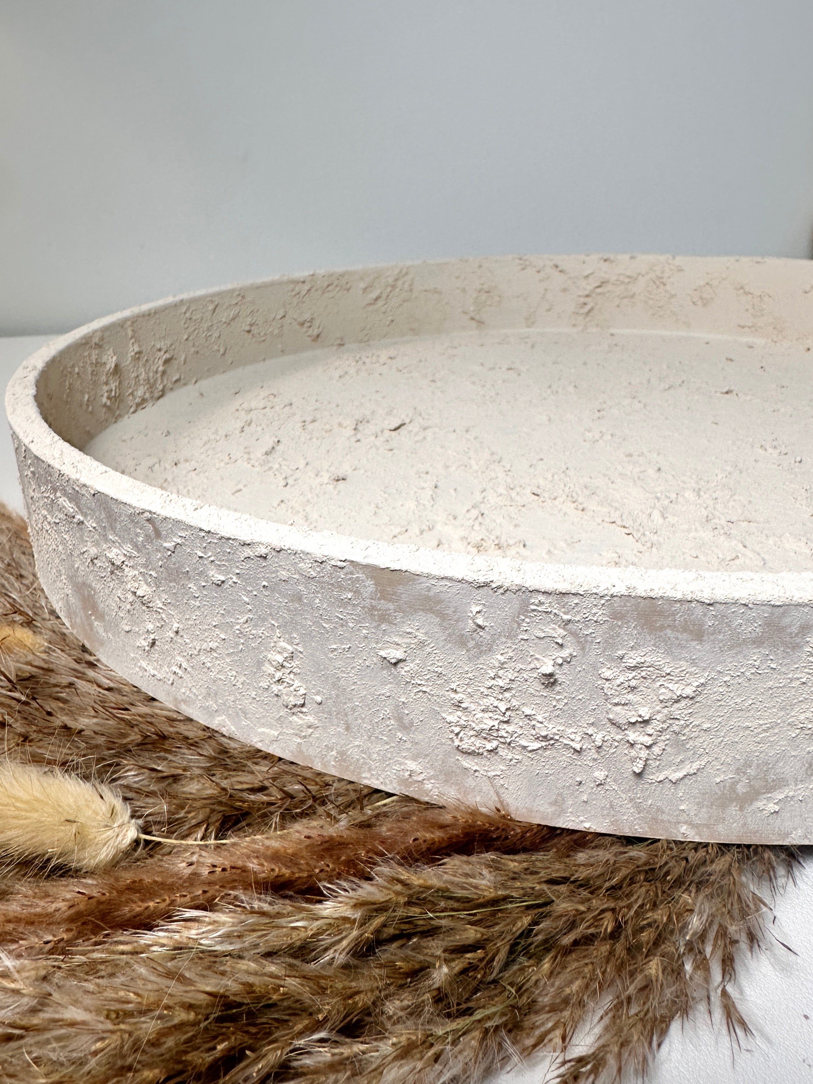 Minimalist Hand-Painted and Textured Round Wood Tray 16x16x2" - Cream