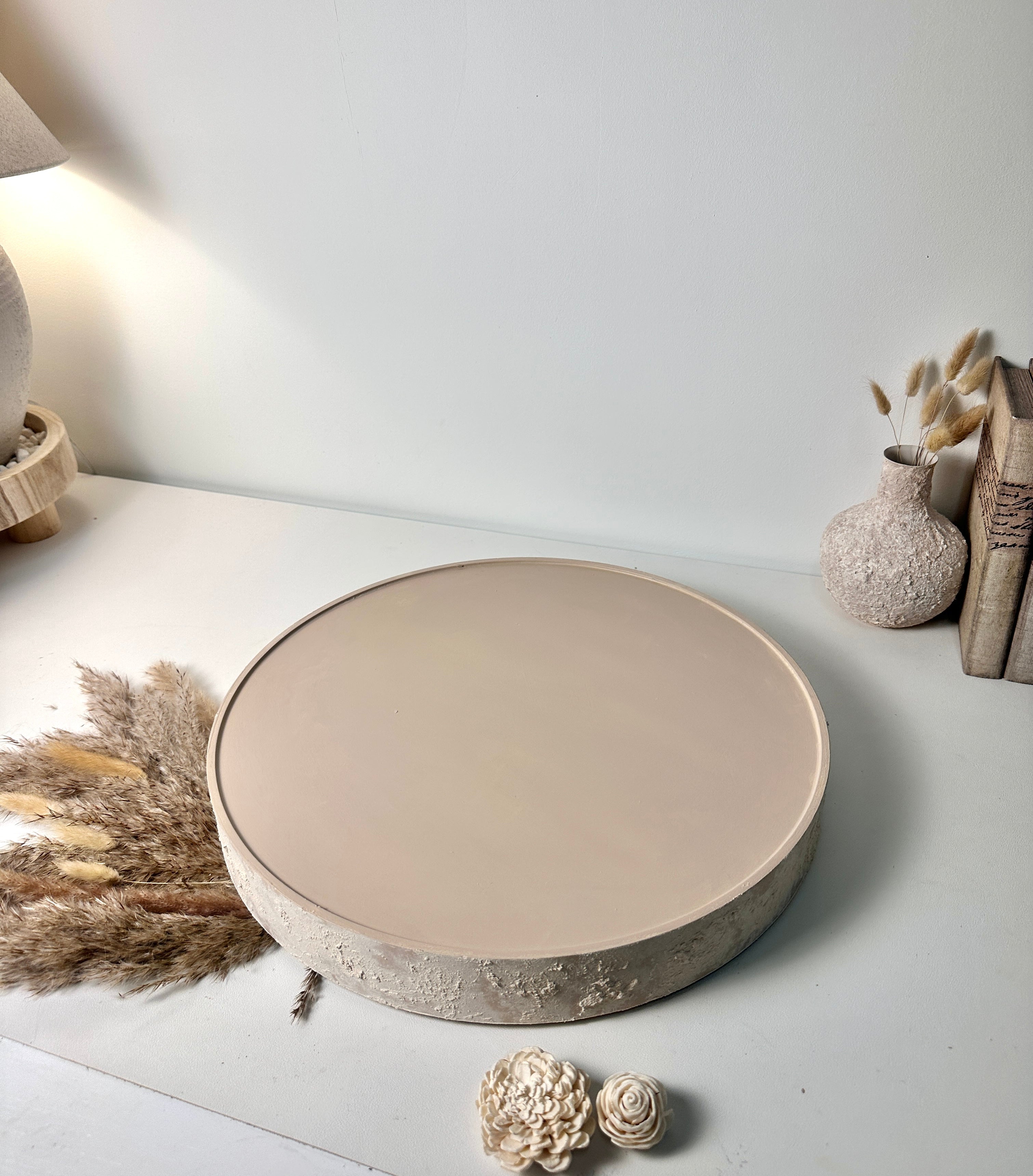 Minimalist Hand-Painted and Textured Round Wood Tray 16x16x2" - Cream