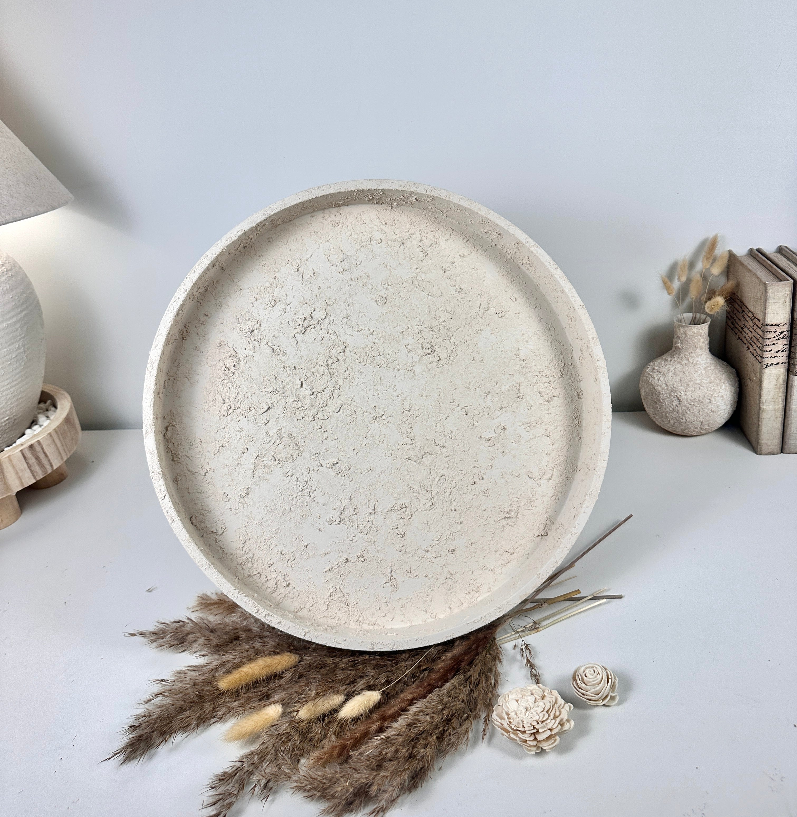 Minimalist Hand-Painted and Textured Round Wood Tray 16x16x2" - Cream