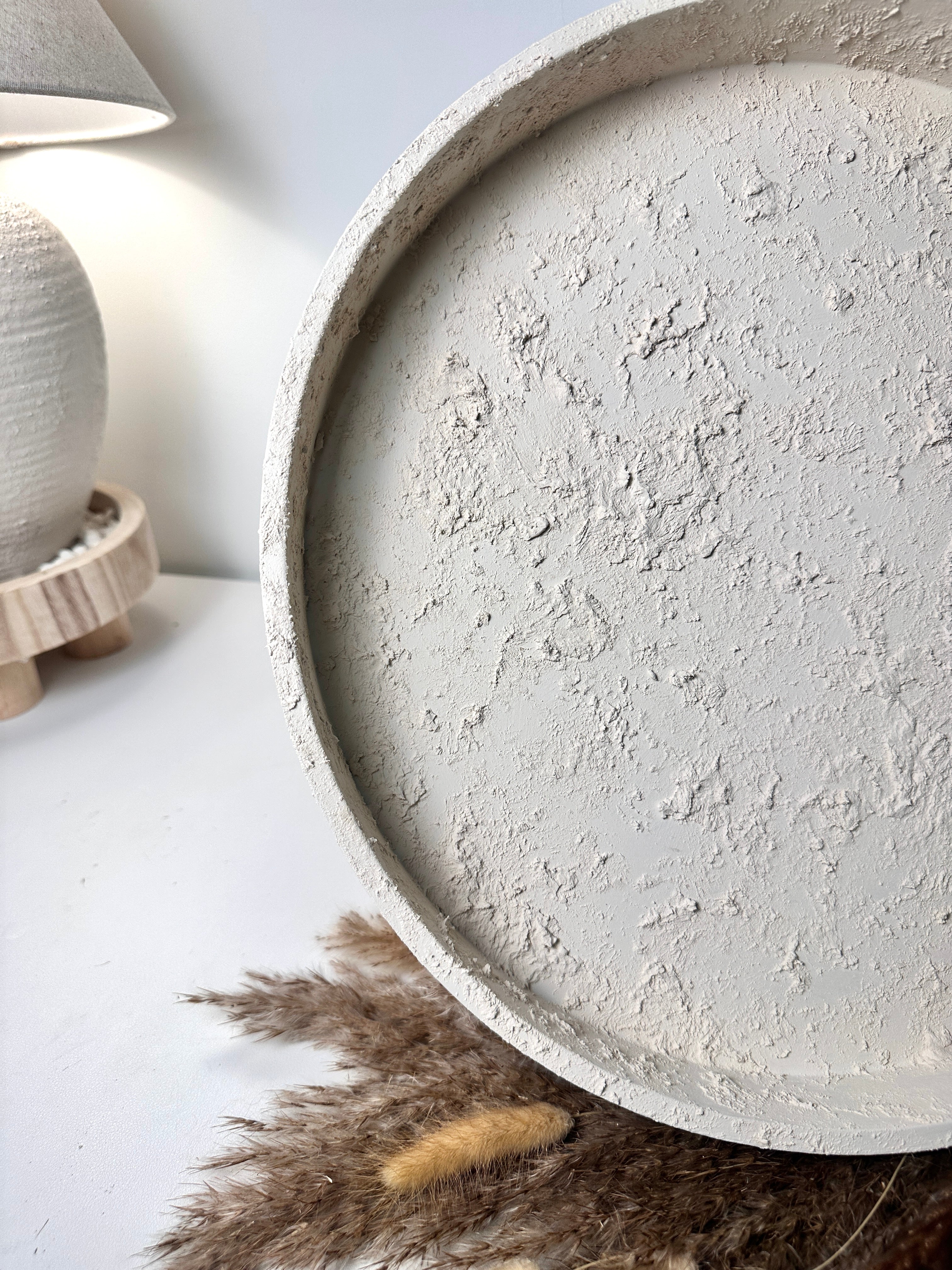 Minimalist Hand-Painted and Textured Round Wood Tray 16x16x2" - Cream