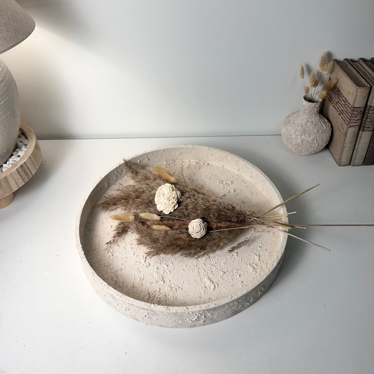Minimalist Hand-Painted and Textured Round Wood Tray 16x16x2" - Cream