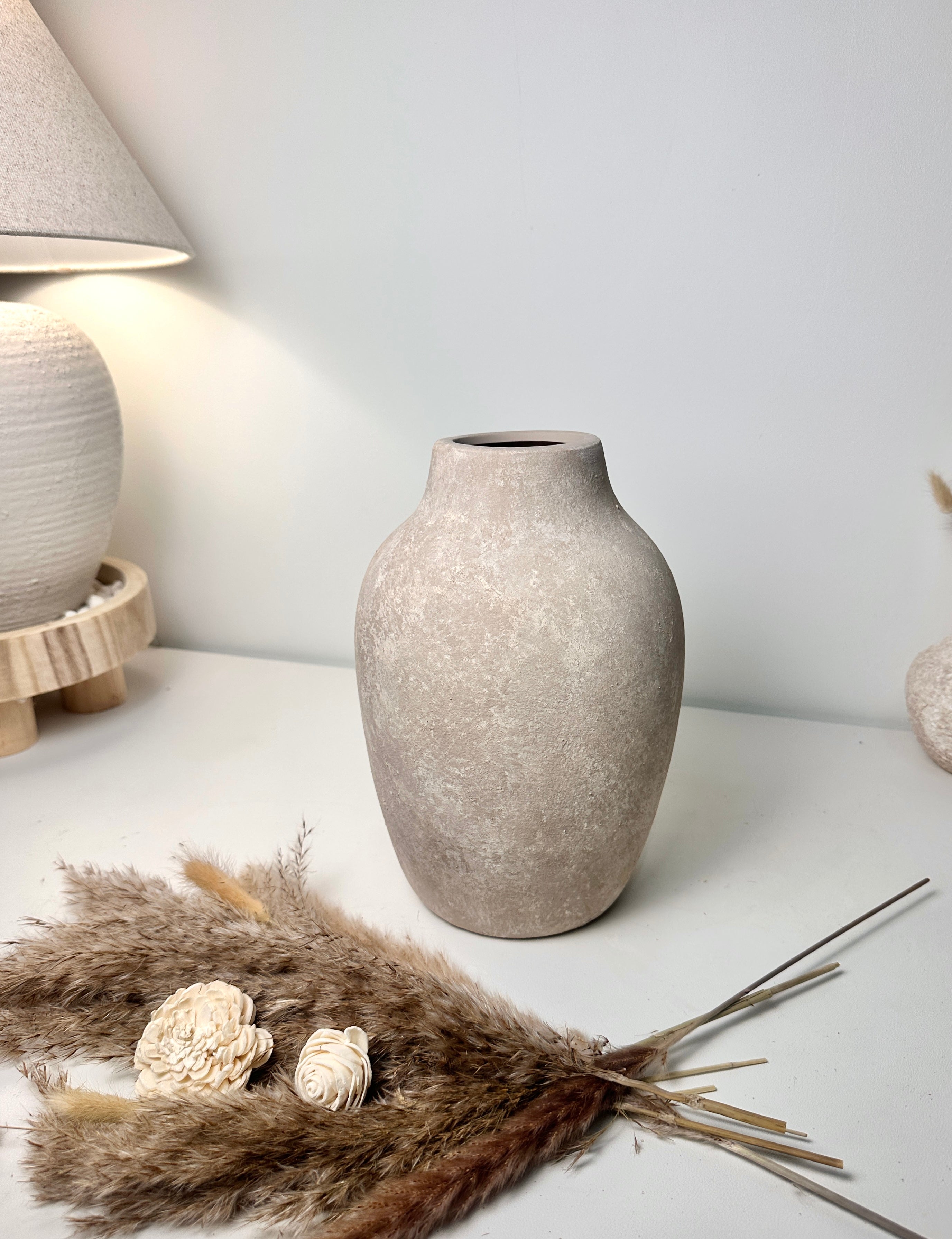Minimalist Hand-painted Ceramic Decorative Vase 10"  - Beige wash