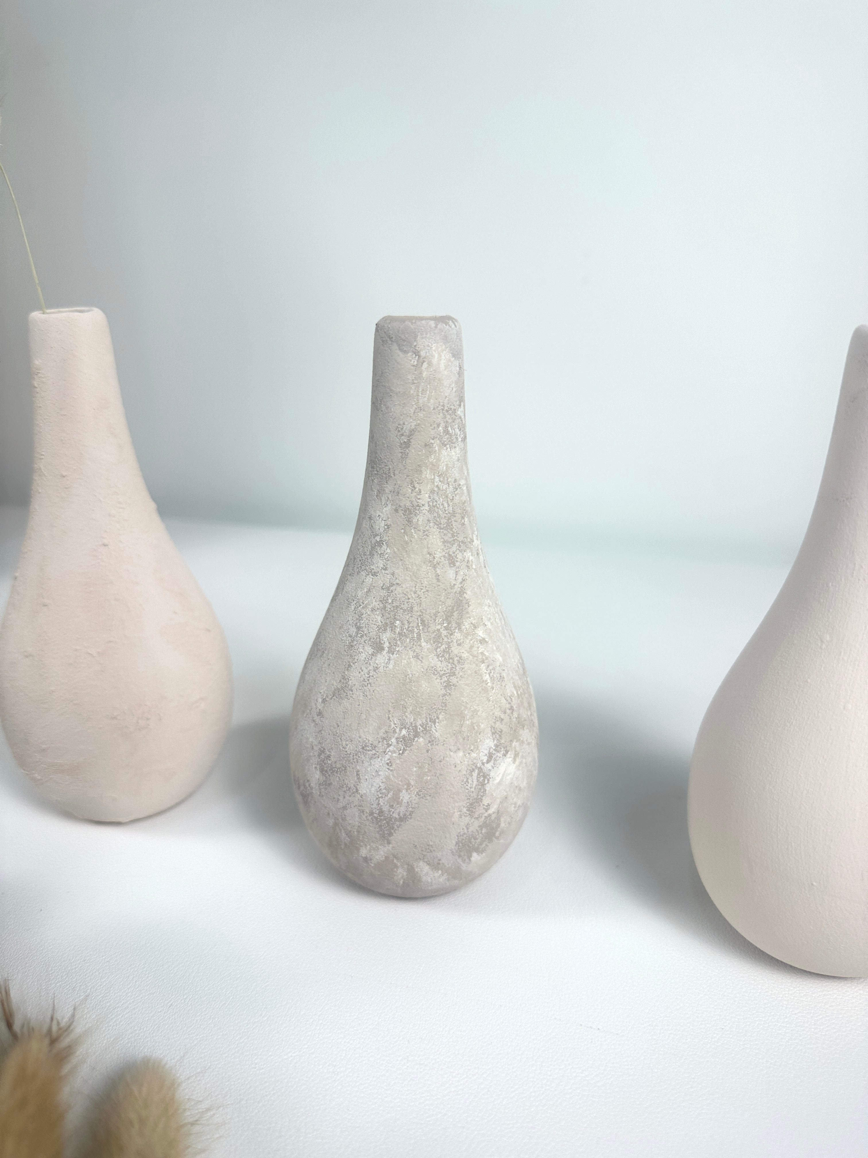 Handcrafted Set of 3 Small Vases 6" tall Cream/ Beige Washed/ Textured Cream