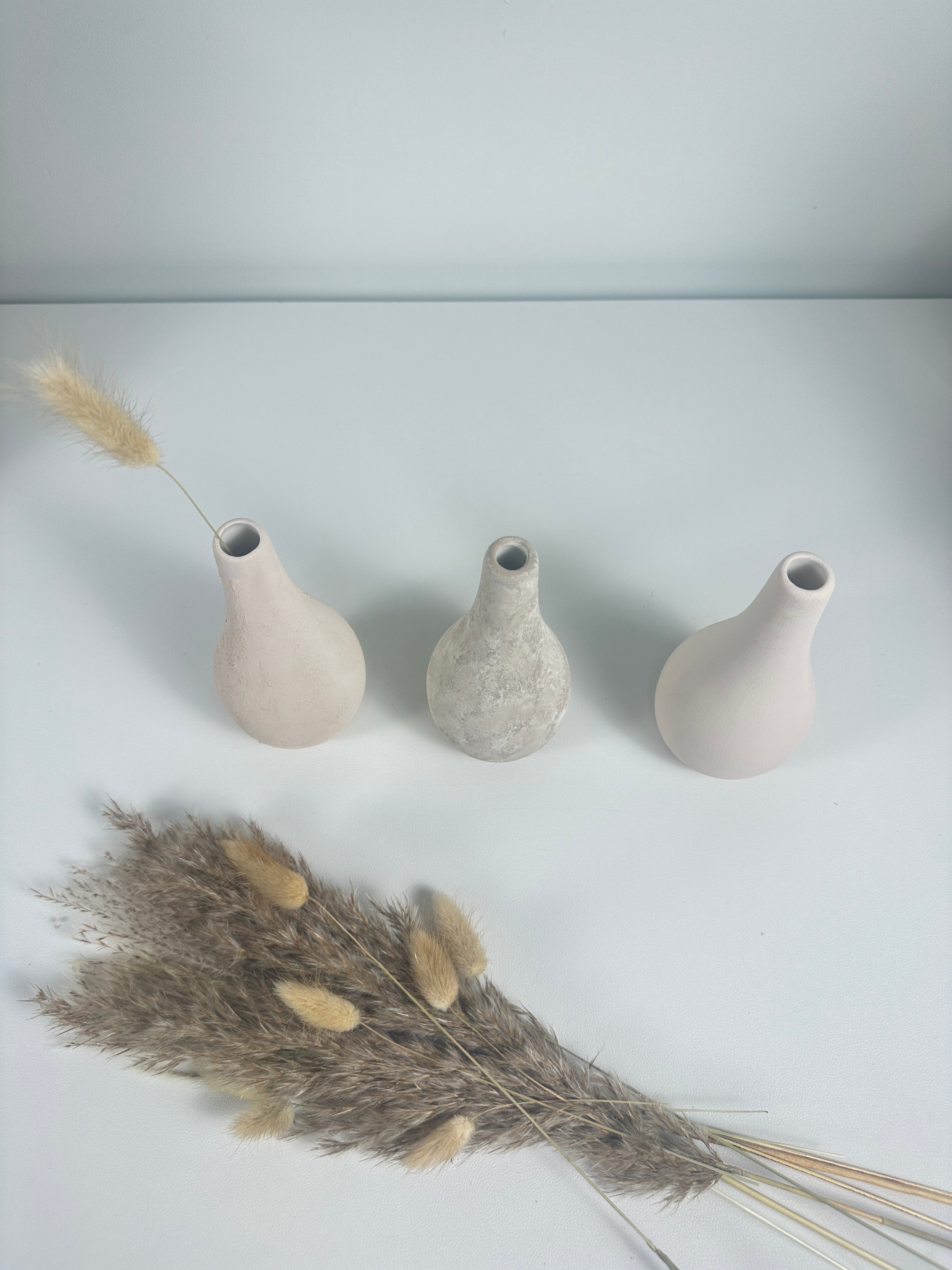 Handcrafted Set of 3 Small Vases 6" tall Cream/ Beige Washed/ Textured Cream