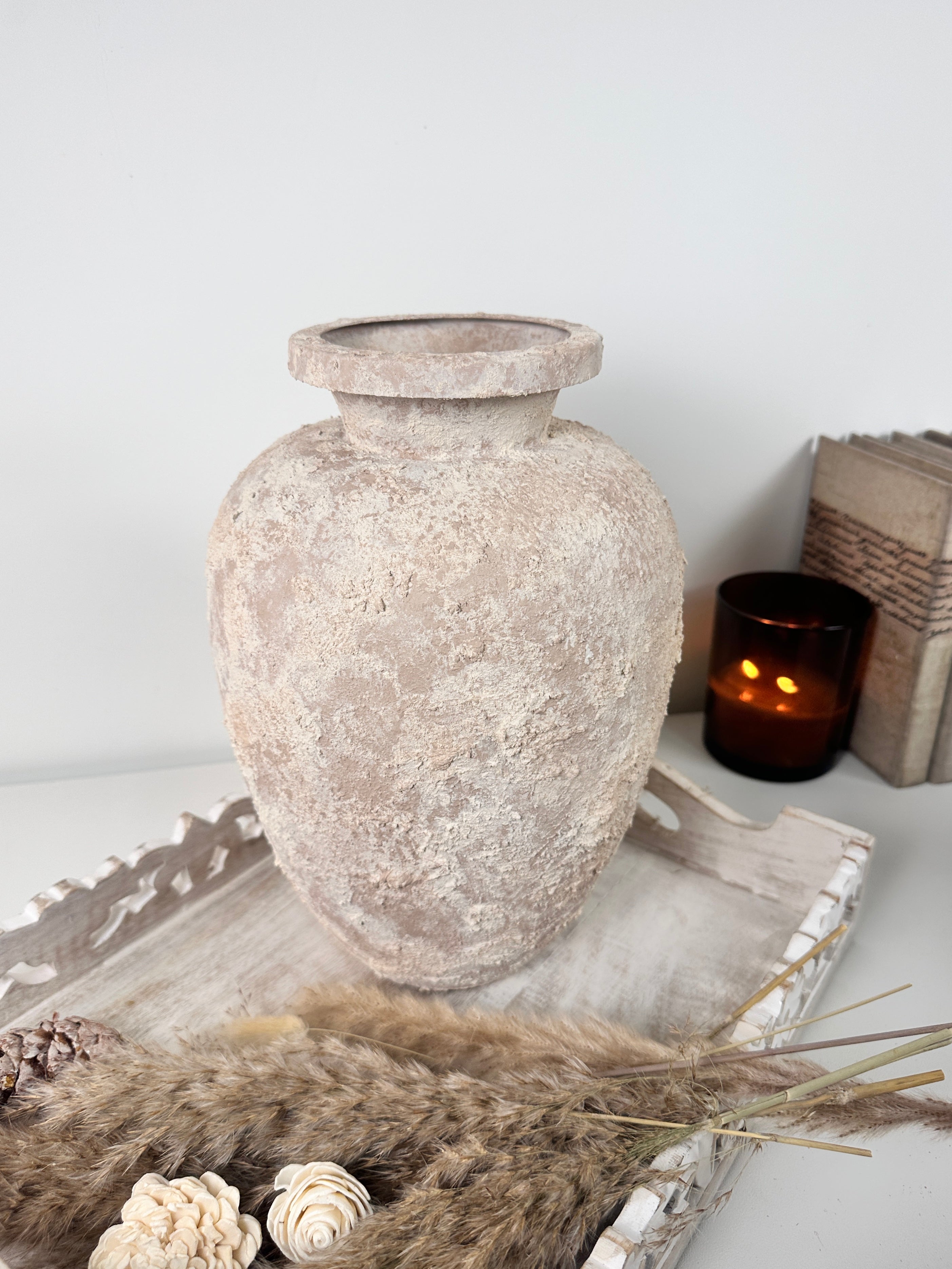 Rustic Italian Style Midcentury Large Textured Vase with a Classical Unshaped Form 12" tall - Beige wash