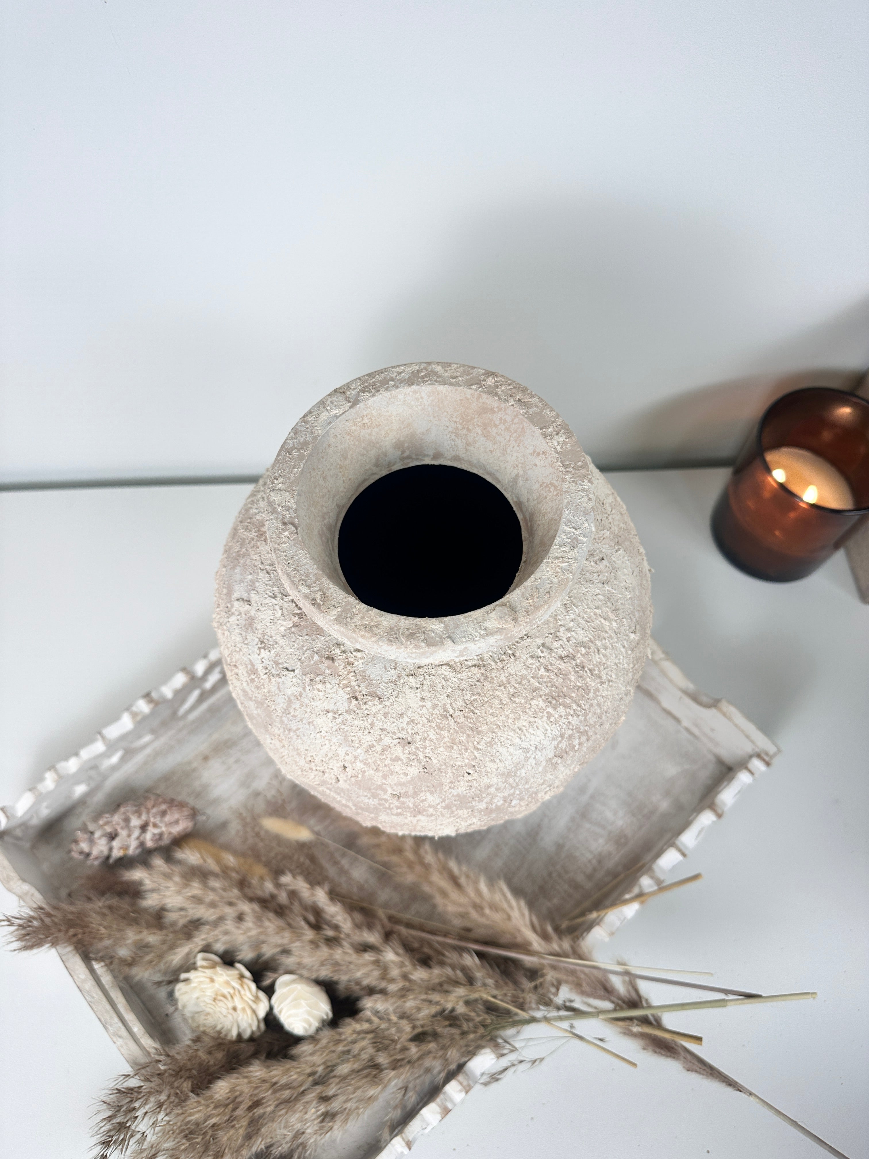 Rustic Italian Style Midcentury Large Textured Vase with a Classical Unshaped Form 12" tall - Beige wash