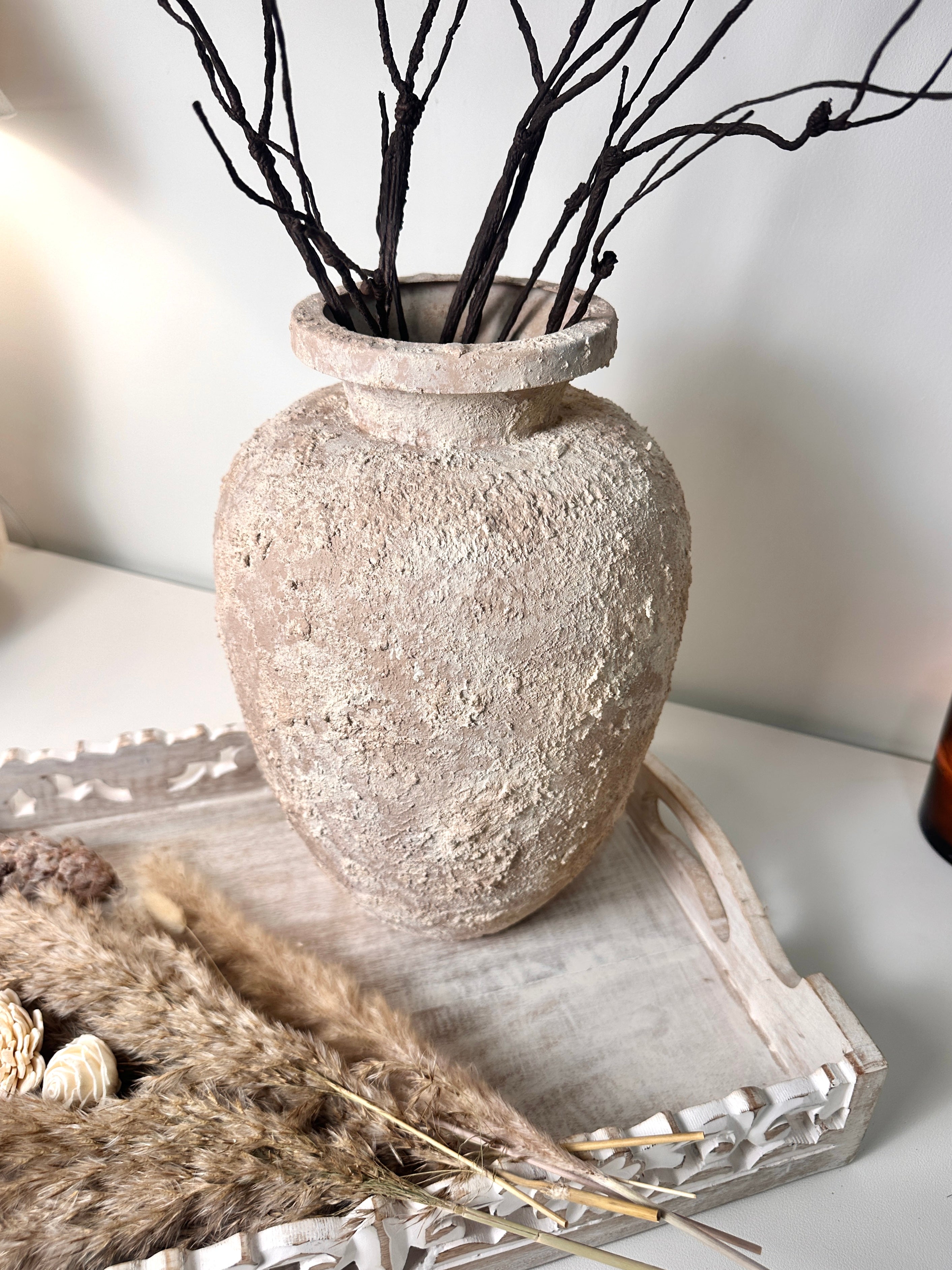 Rustic Italian Style Midcentury Large Textured Vase with a Classical Unshaped Form 12" tall - Beige wash
