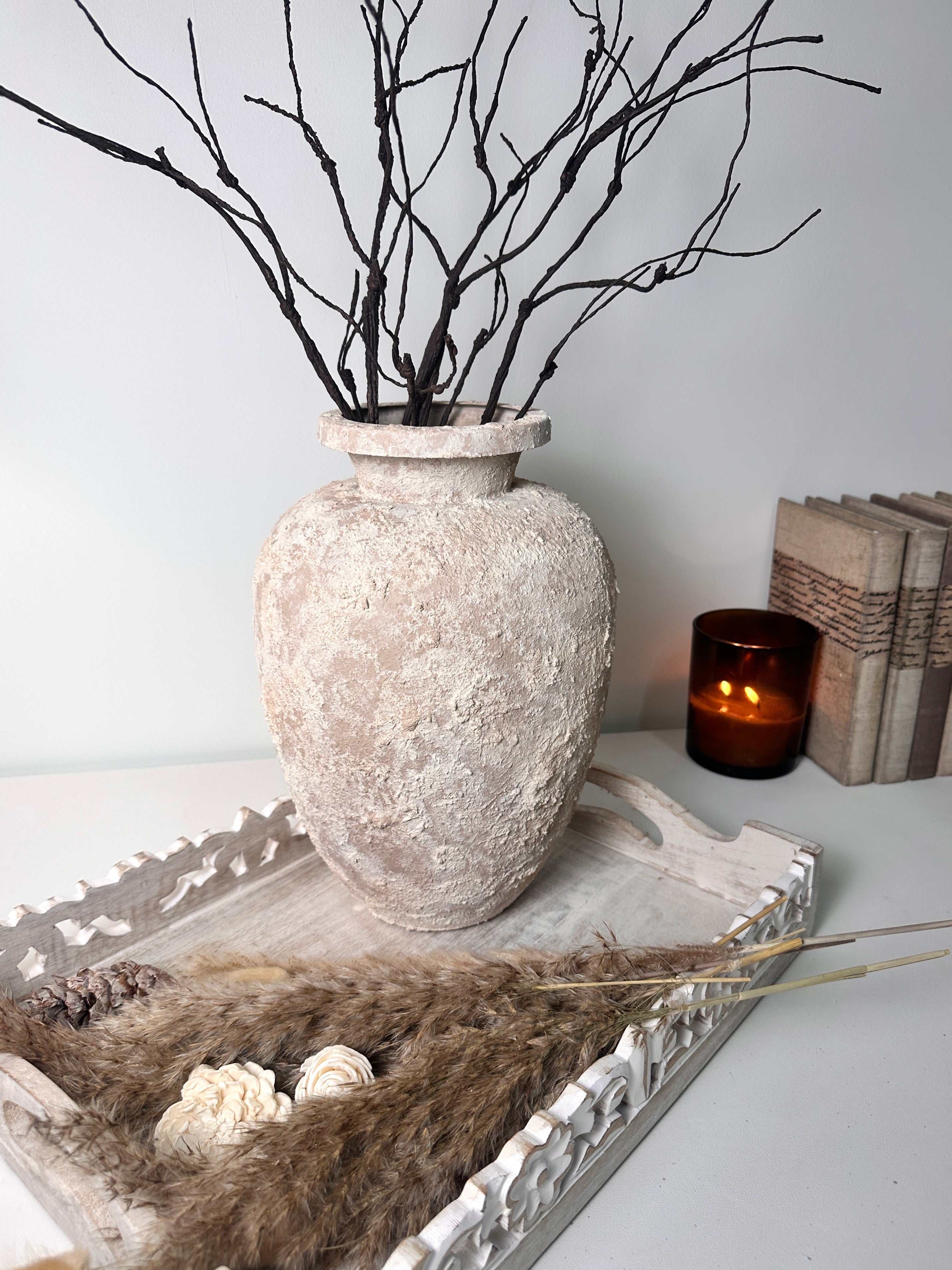 Rustic Italian Style Midcentury Large Textured Vase with a Classical Unshaped Form 12" tall - Beige wash