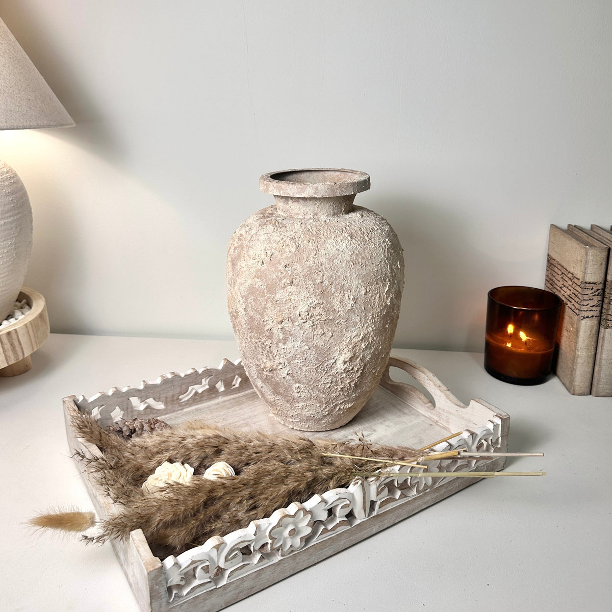 Rustic Italian Style Midcentury Large Textured Vase with a Classical Unshaped Form 12" tall - Beige wash