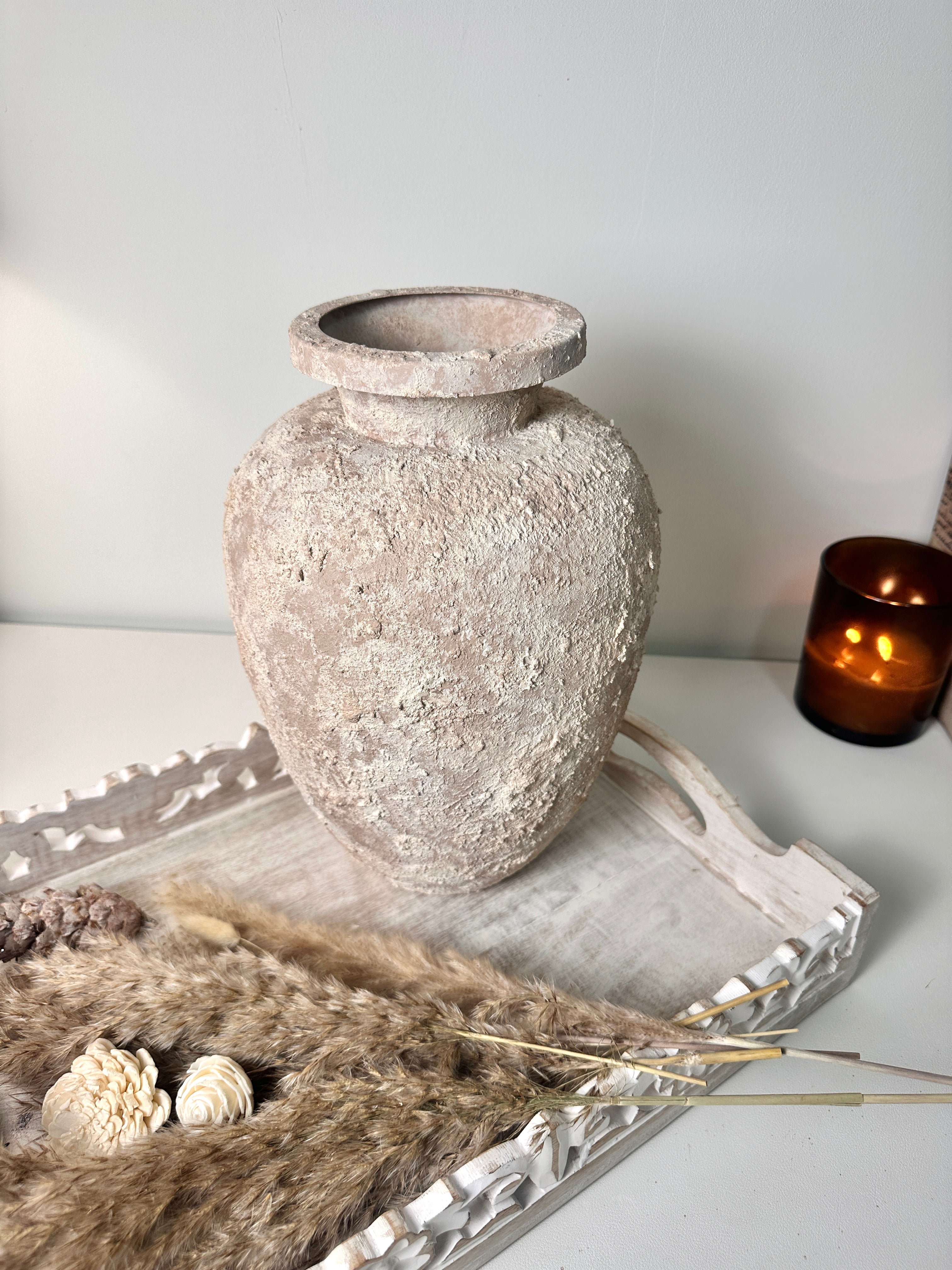 Rustic Italian Style Midcentury Large Textured Vase with a Classical Unshaped Form 12" tall - Beige wash