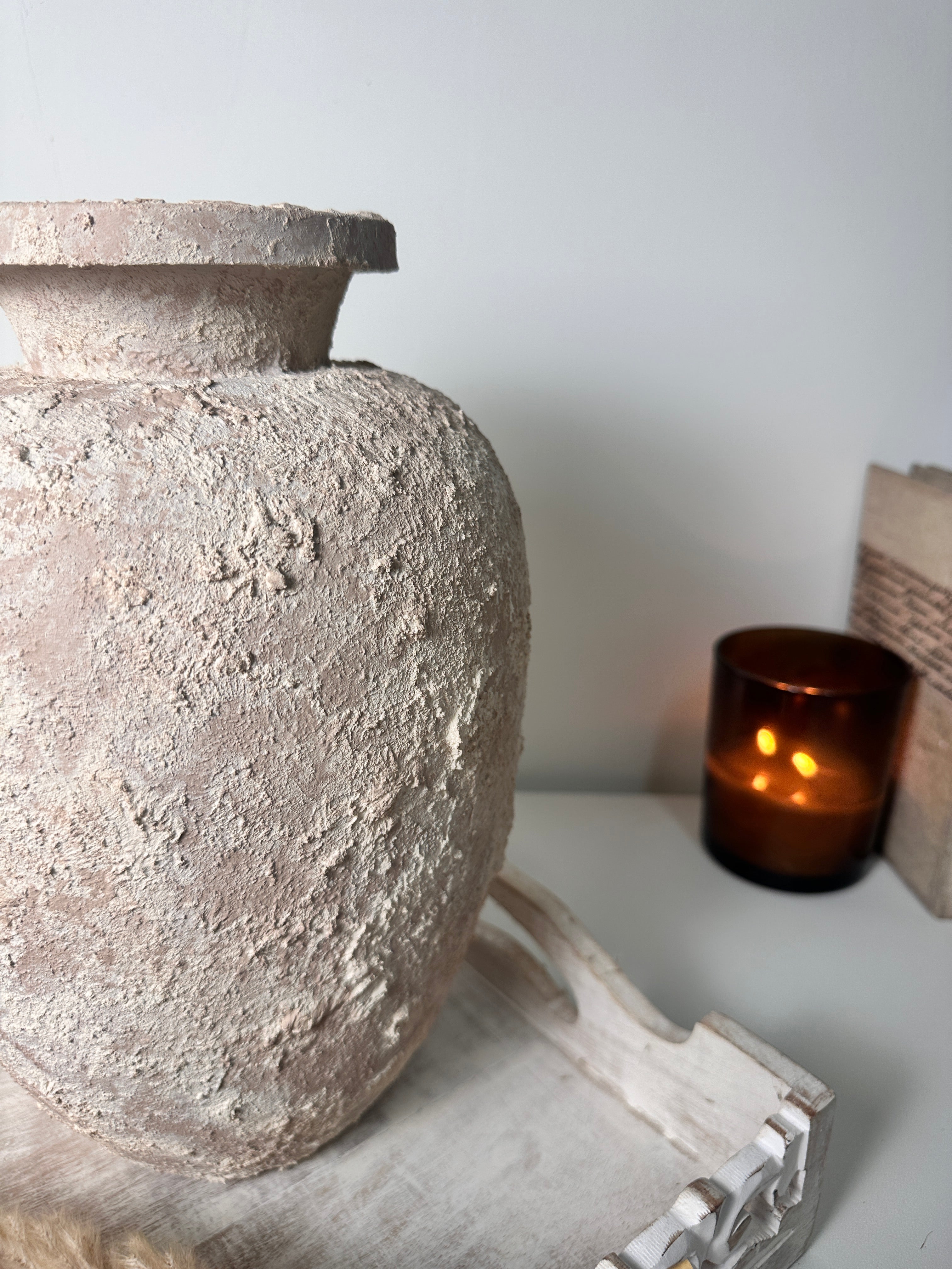 Rustic Italian Style Midcentury Large Textured Vase with a Classical Unshaped Form 12" tall - Beige wash