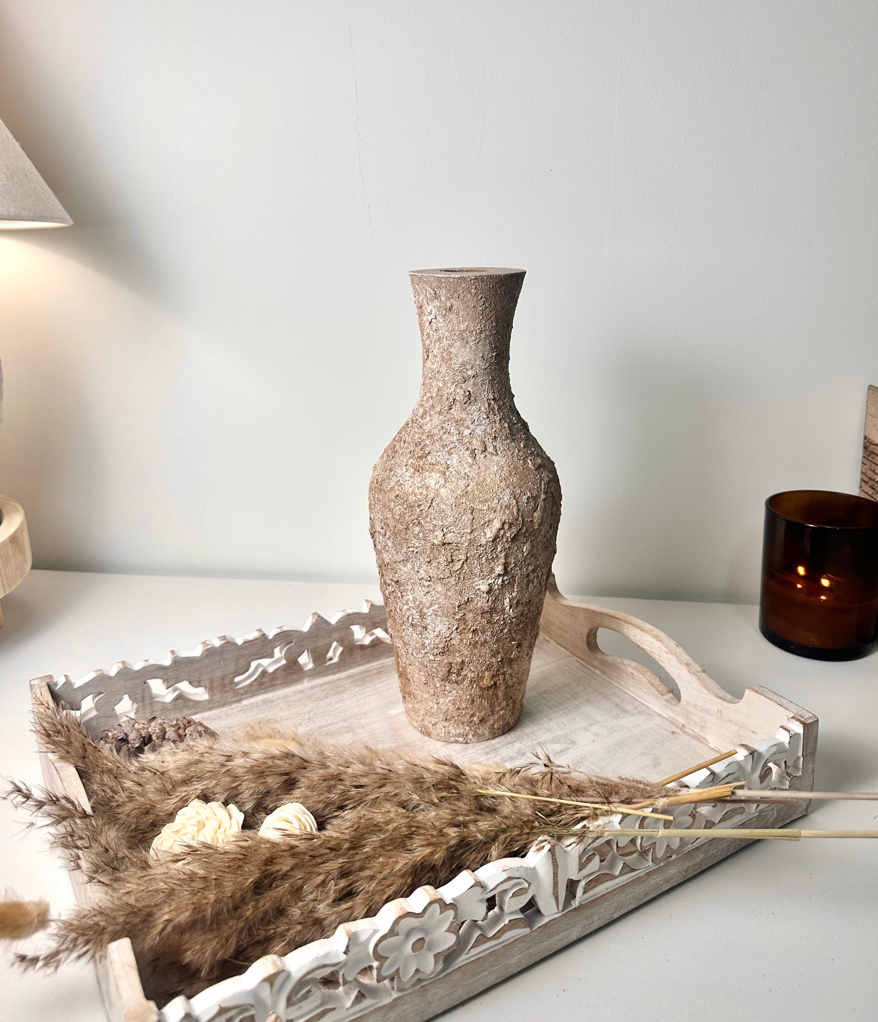 Rustic Hand-Painted Textured Wood Vase 12.5" tall - Earth Brown
