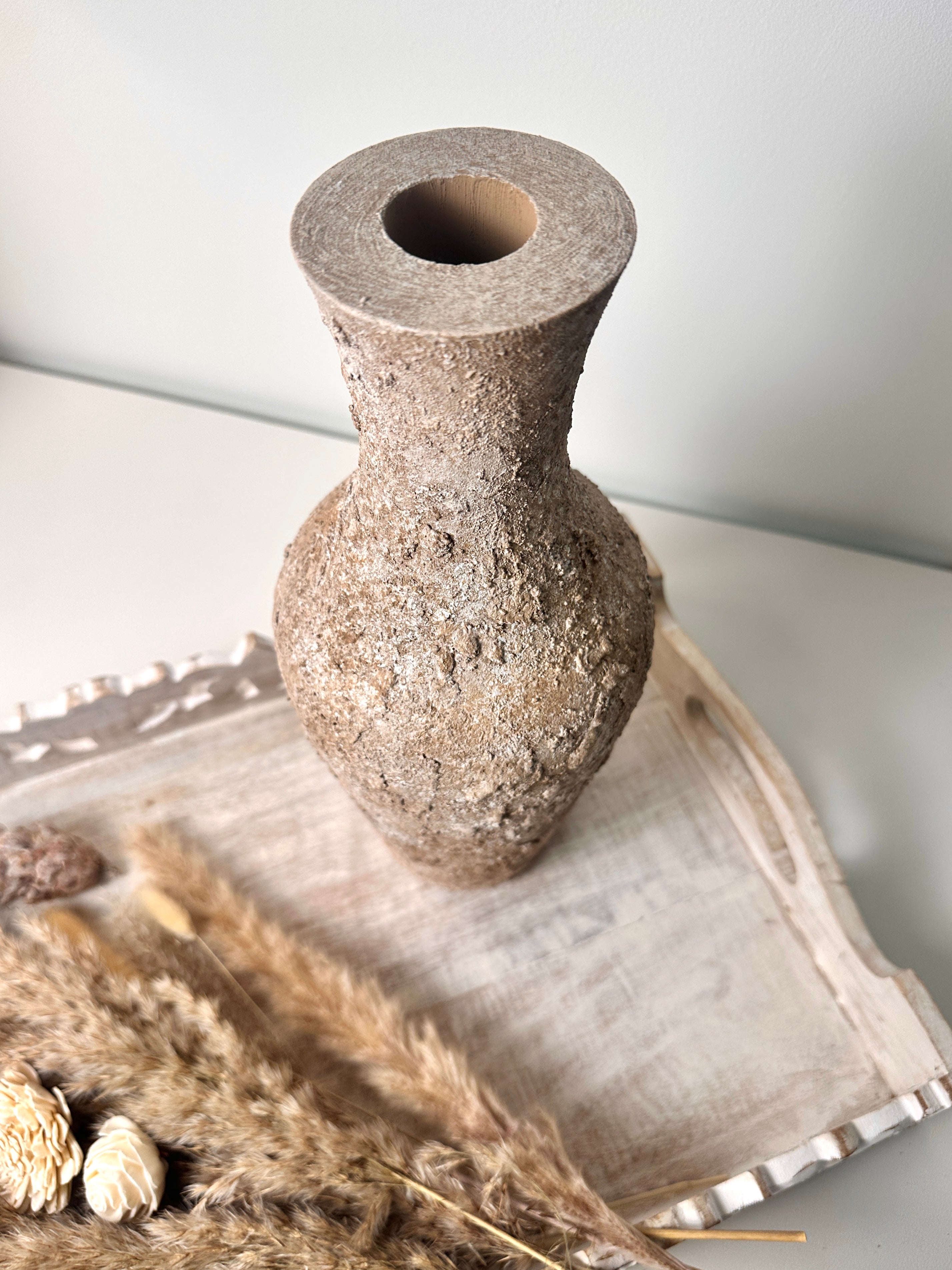Rustic Hand-Painted Textured Wood Vase 12.5" tall - Earth Brown