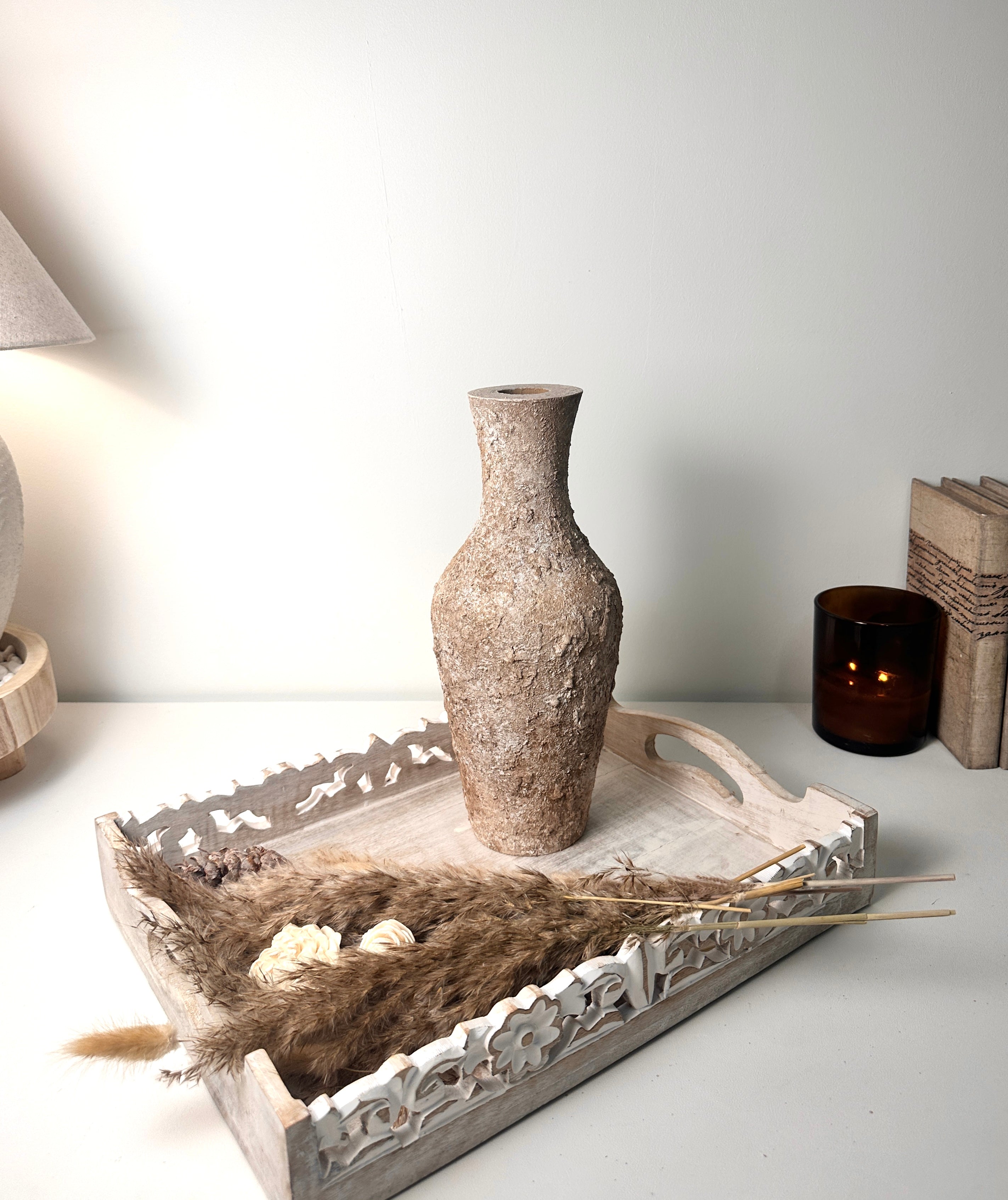 Rustic Hand-Painted Textured Wood Vase 12.5" tall - Earth Brown