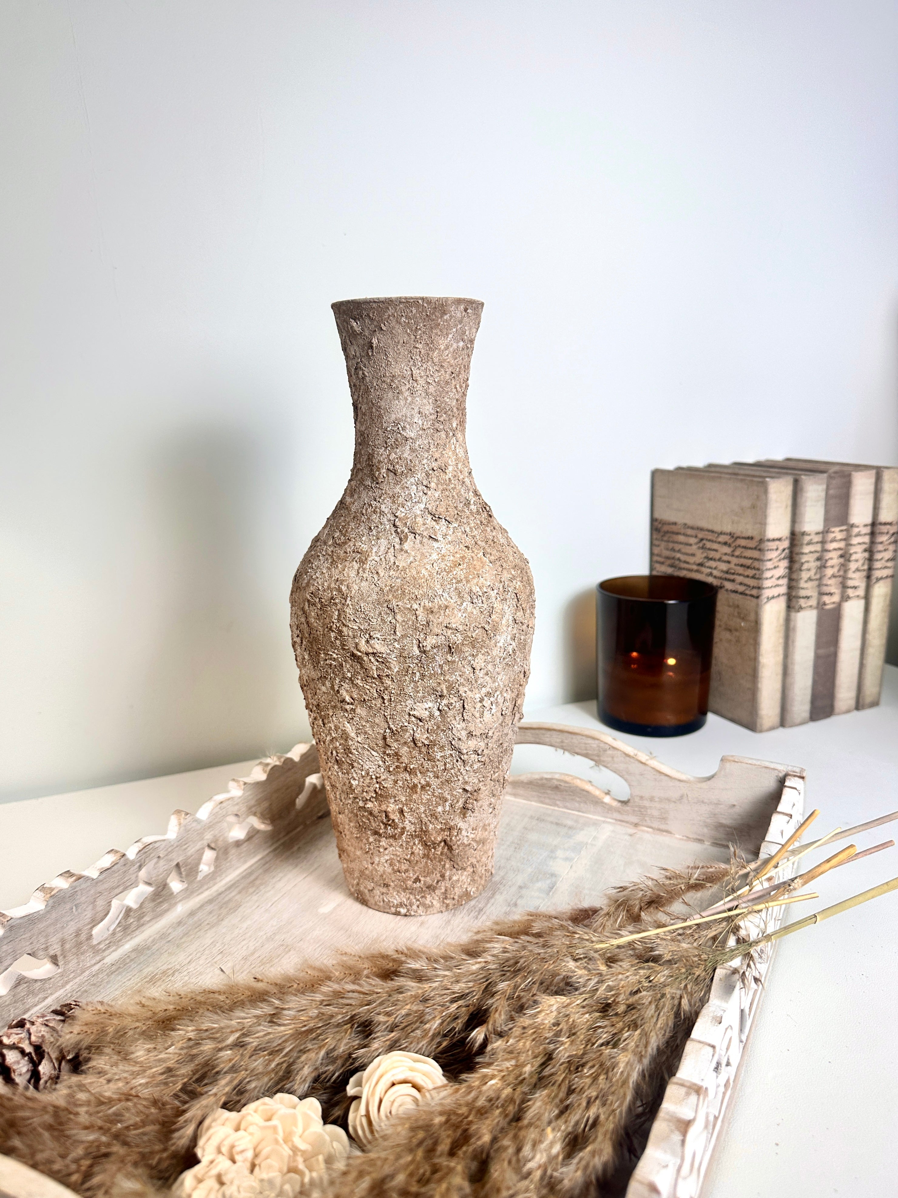 Rustic Hand-Painted Textured Wood Vase 12.5" tall - Earth Brown