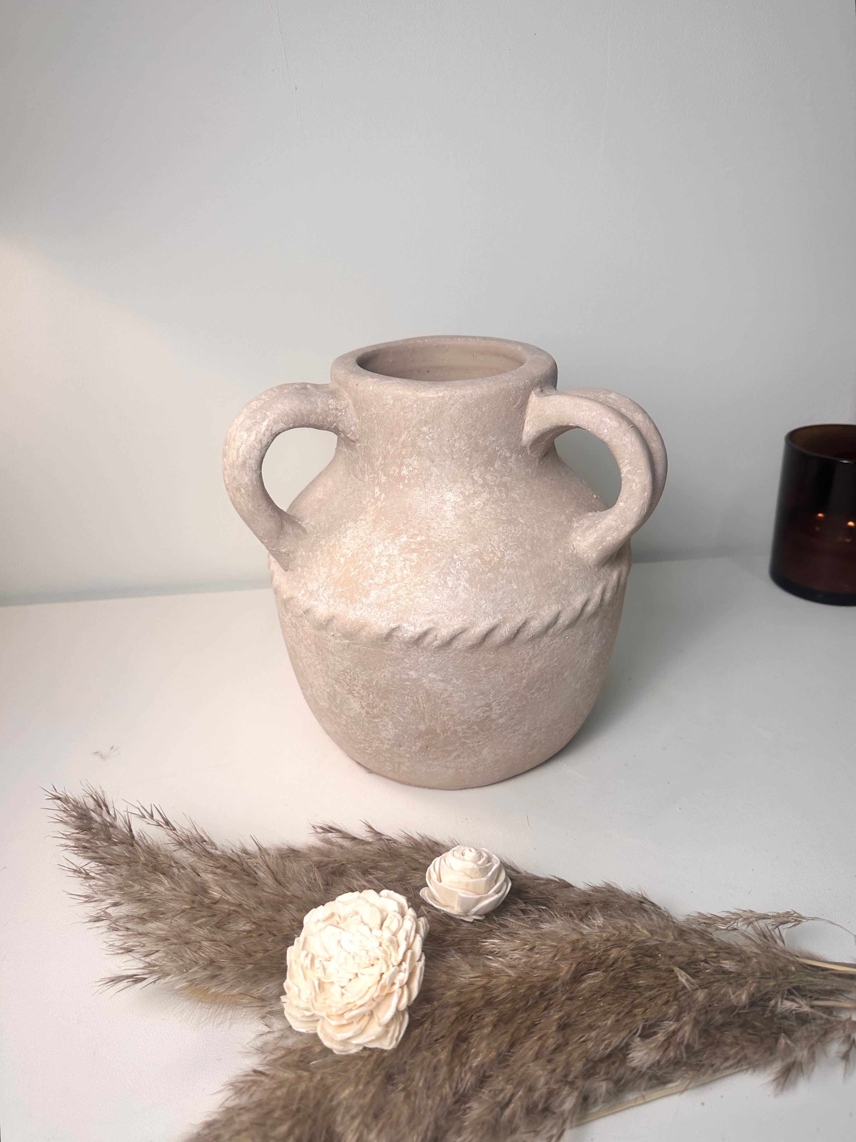 Greco Roman Style Hand-painted Ceramic Decorative Vase 9"  - Light Beige wash