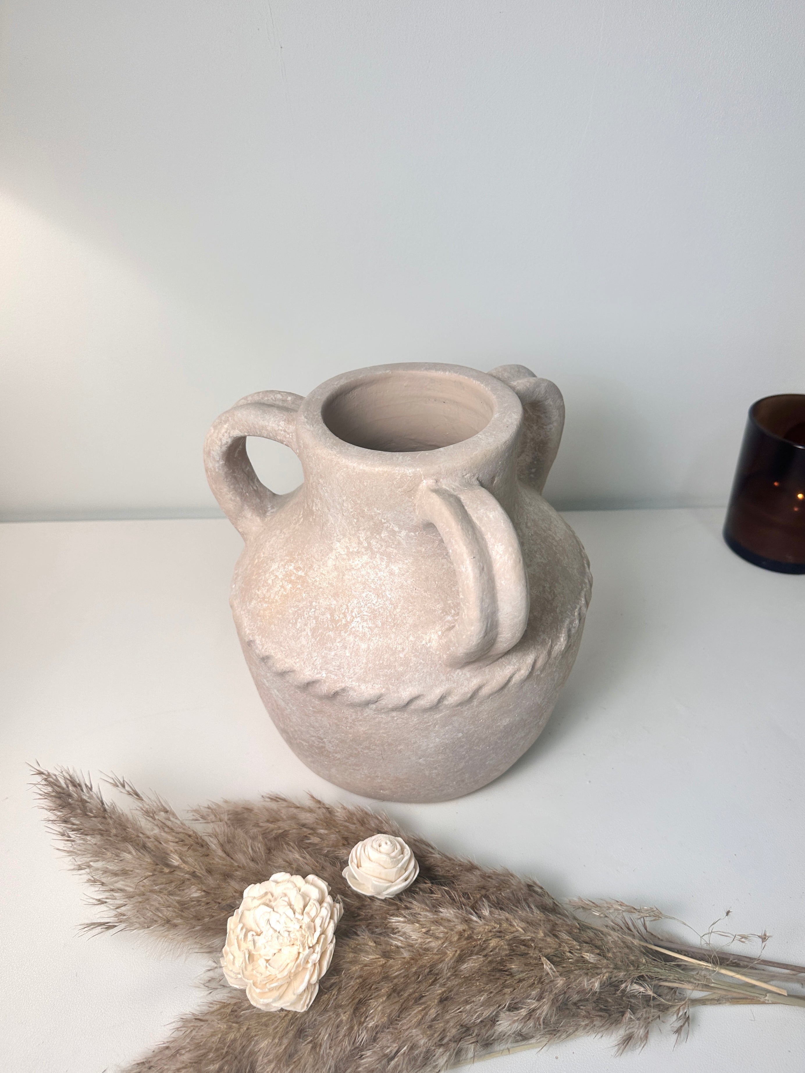 Greco Roman Style Hand-painted Ceramic Decorative Vase 9"  - Light Beige wash