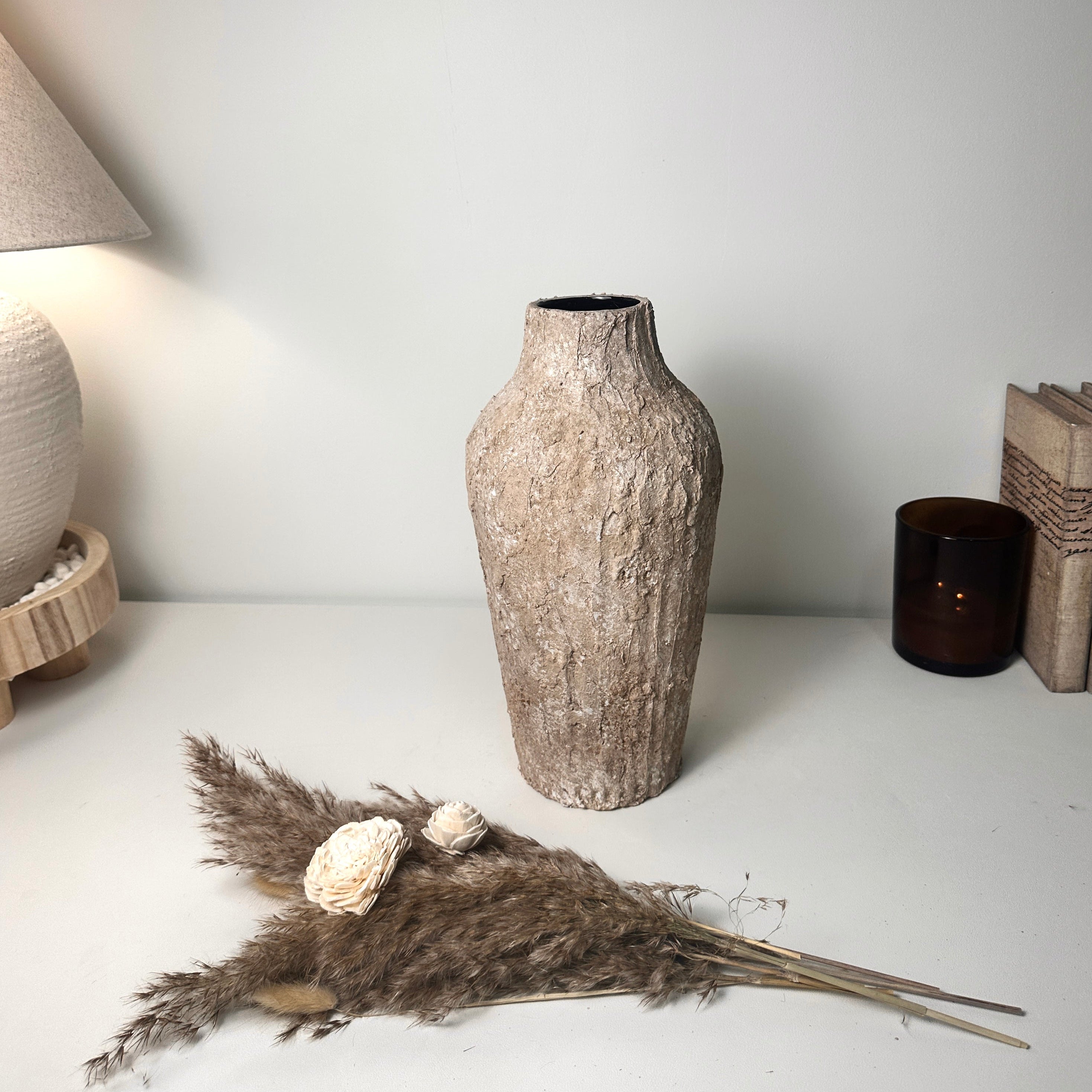 Rustic Textured Hand-Painted Ceramic Vase 13" tall - Light Earth Brown
