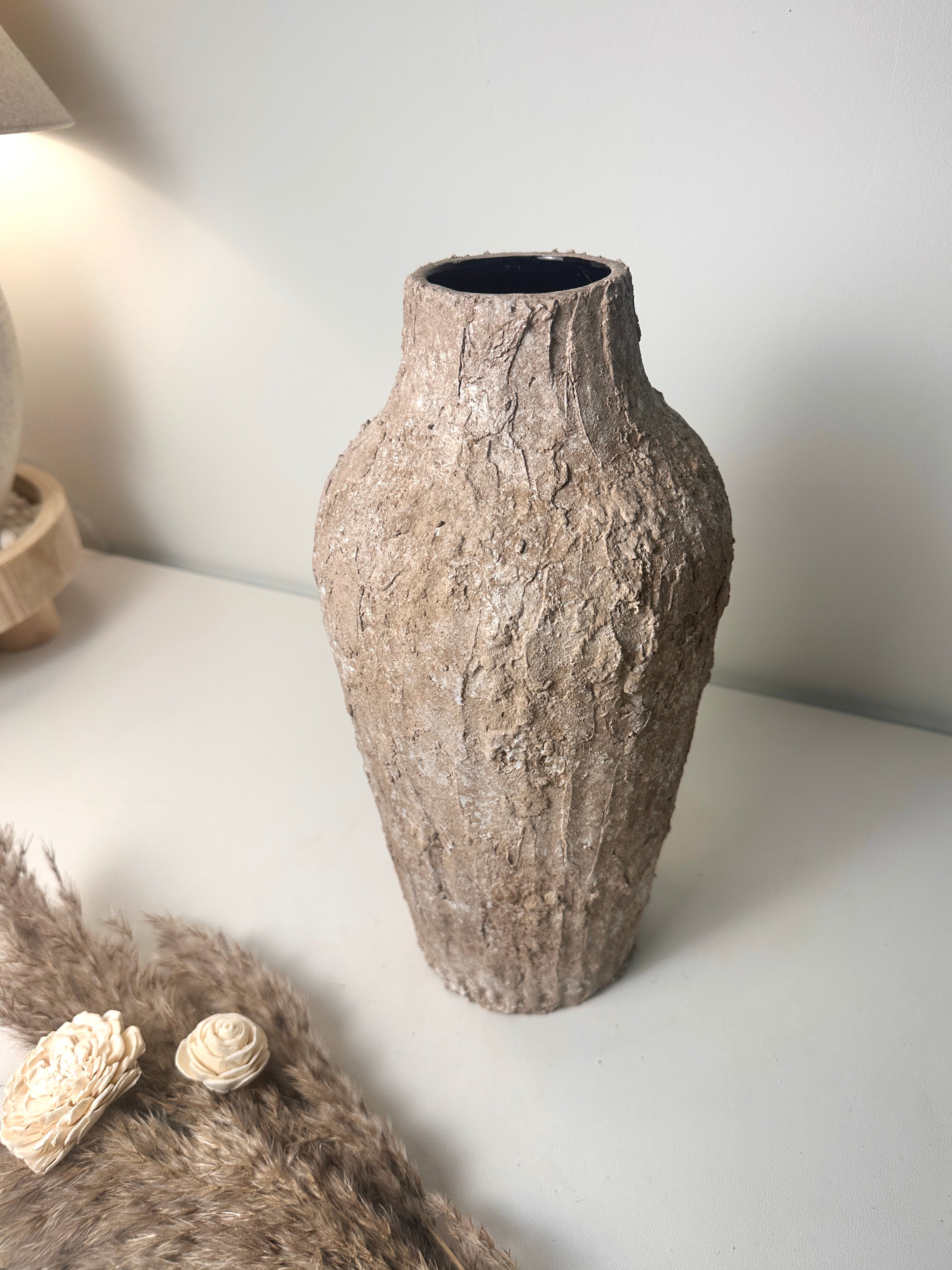 Rustic Textured Hand-Painted Ceramic Vase 13" tall - Light Earth Brown