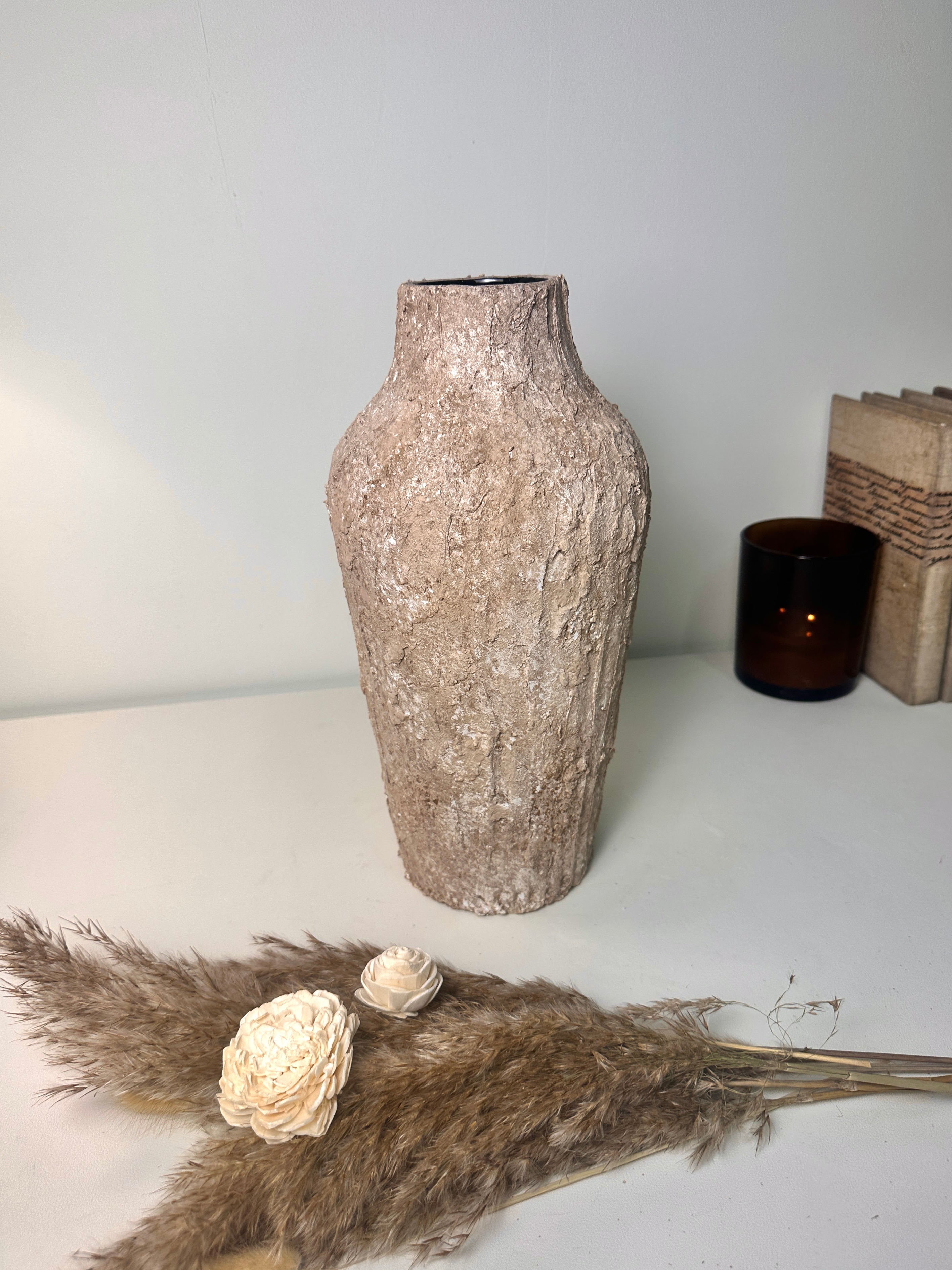 Rustic Textured Hand-Painted Ceramic Vase 13" tall - Light Earth Brown