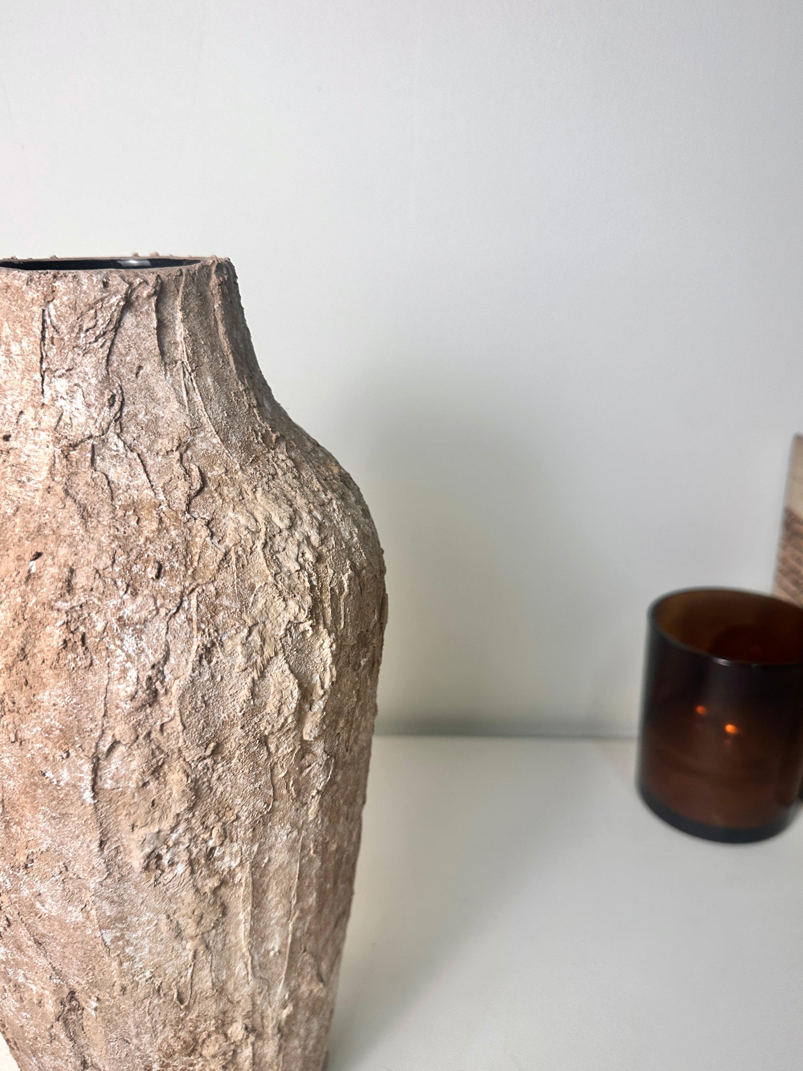 Rustic Textured Hand-Painted Ceramic Vase 13" tall - Light Earth Brown
