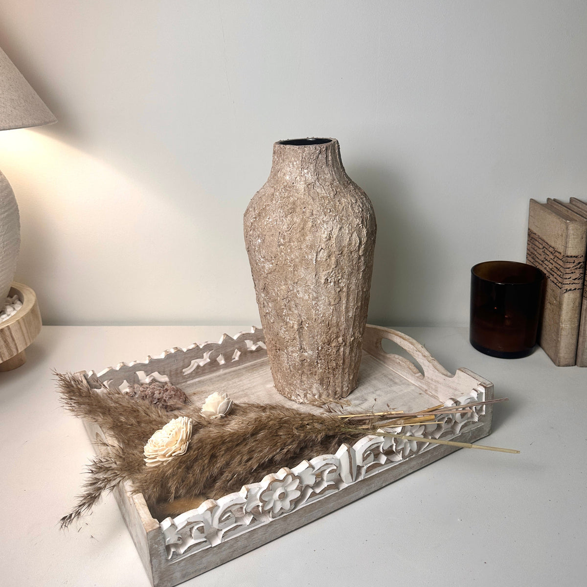 Rustic Textured Hand-Painted Ceramic Vase 13" tall - Light Earth Brown