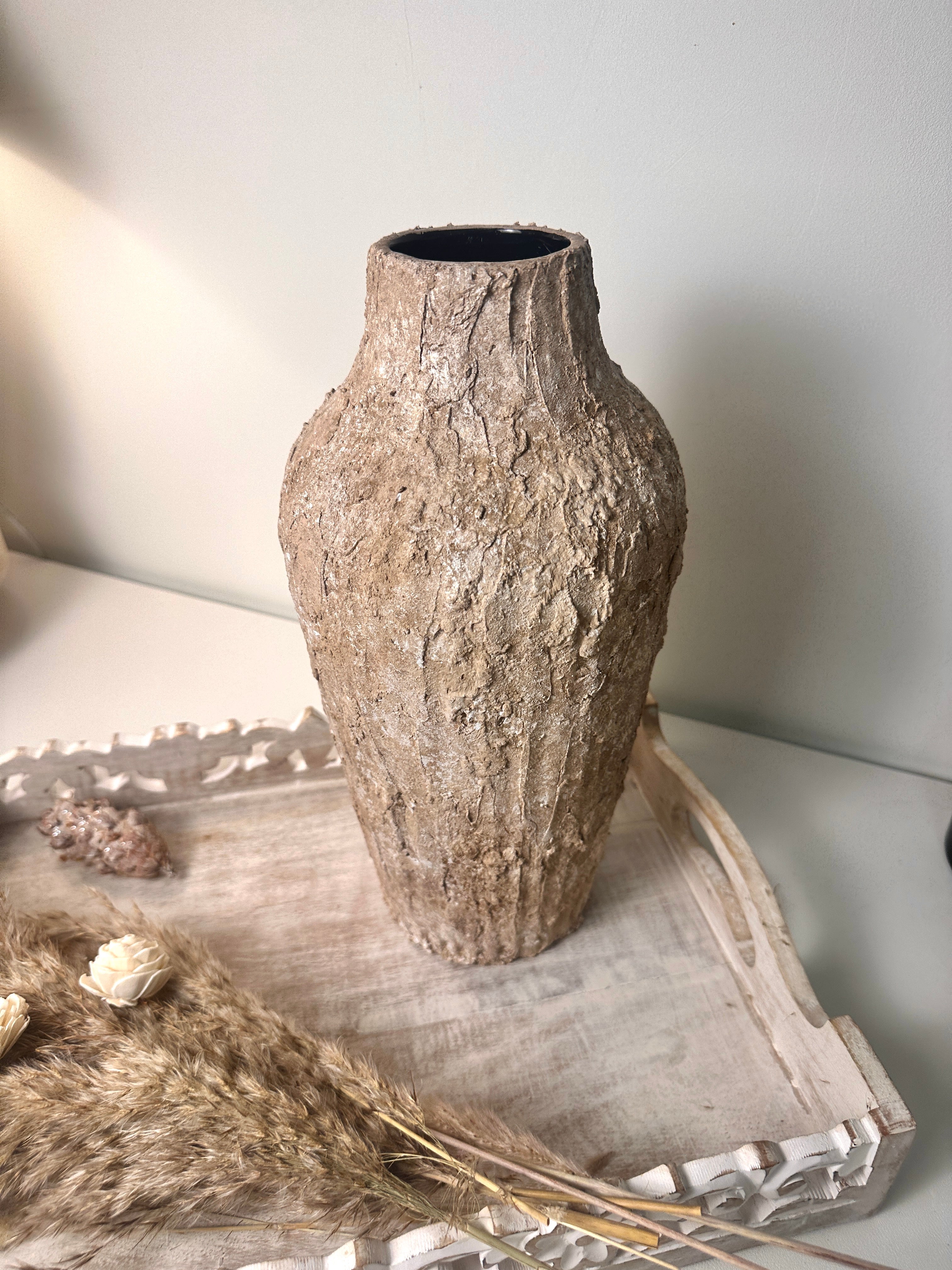 Rustic Textured Hand-Painted Ceramic Vase 13" tall - Light Earth Brown